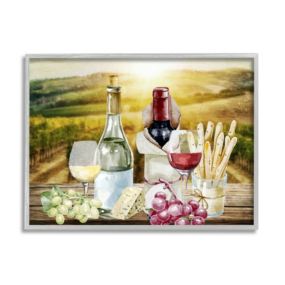 Stupell Industries Wine in Vineyard Landscape Food & Beverage Painting Gray Framed Art Print Wall Art, 20 x 16