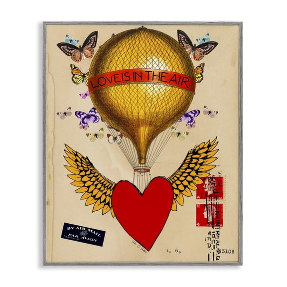 Stupell Industries Winged Heart Love Is In Air Abstract Painting Gray Framed Art Print Wall Art, 11 x 14