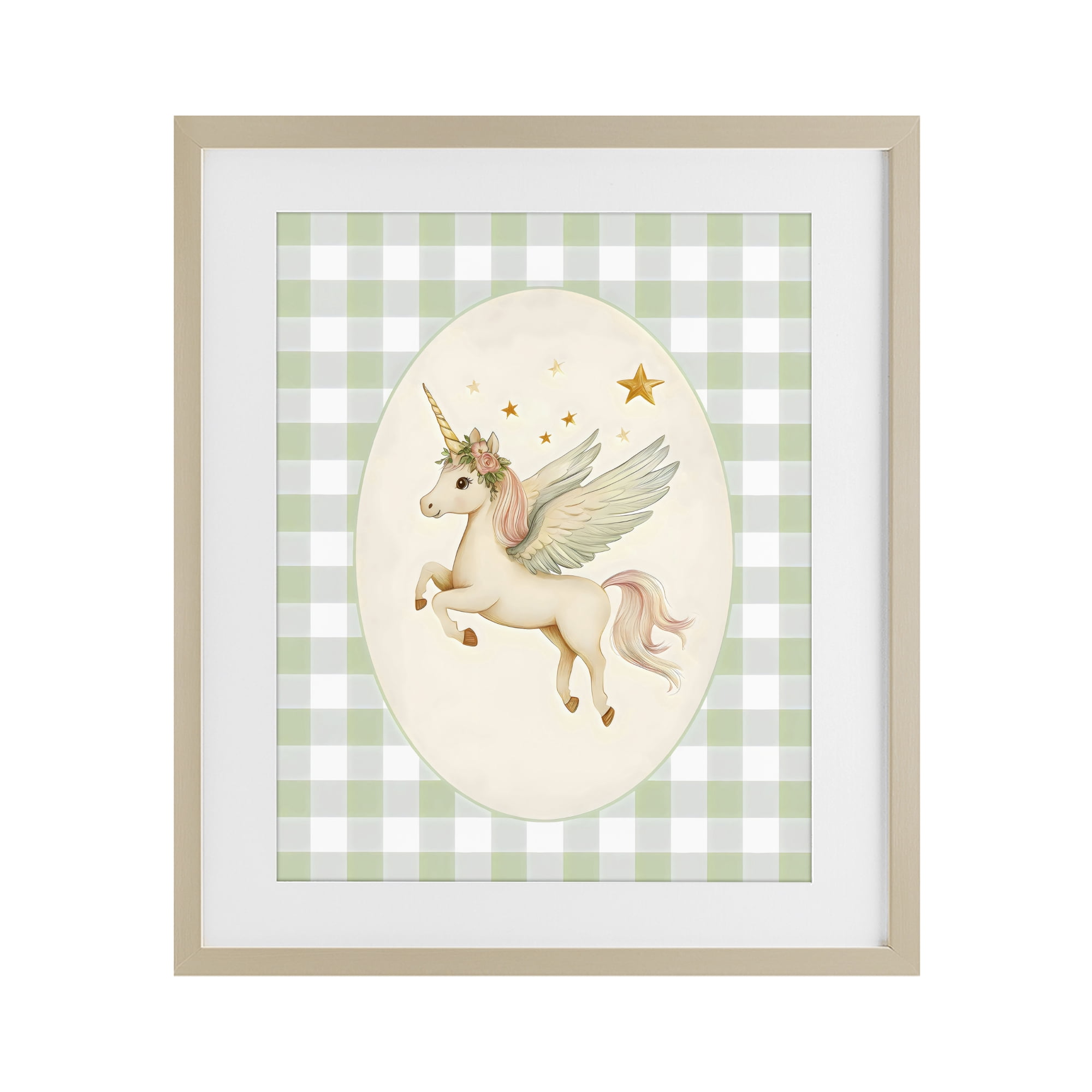 Stupell Industries Winged Unicorn over Green Gingham Birch Framed Print Under Glass, design by Arlington Prints