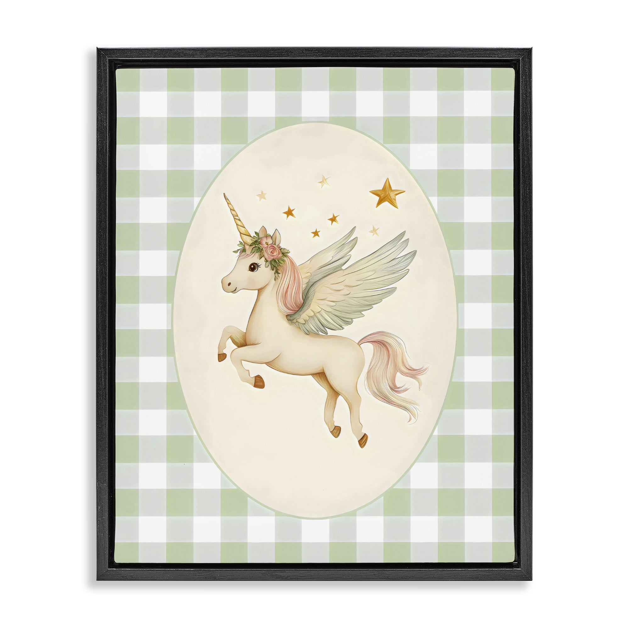 Stupell Industries Winged Unicorn over Green Gingham Black Framed Floater Canvas Wall Art, design by Arlington Prints