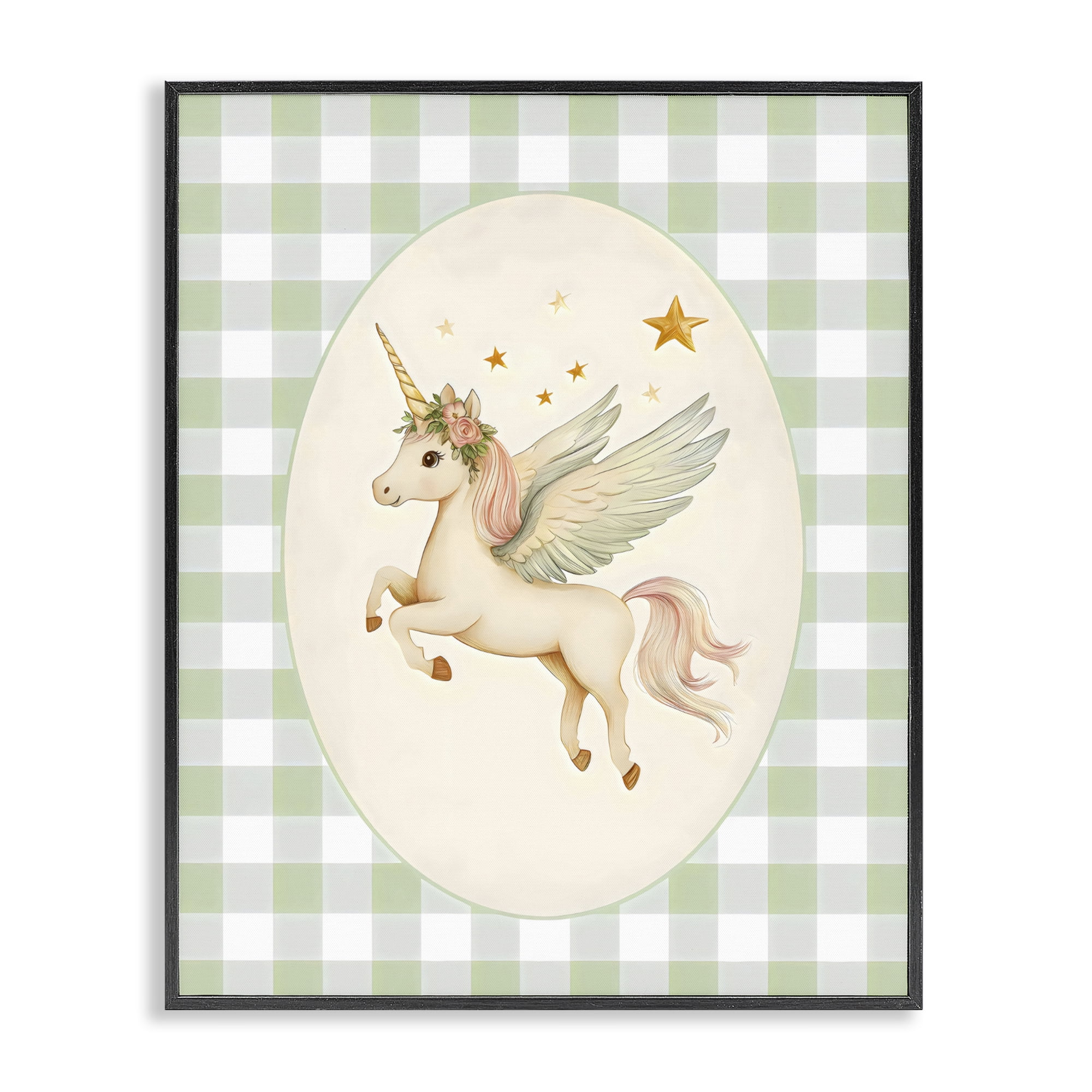 Stupell Industries Winged Unicorn over Green Gingham Black Framed Giclee Art, design by Arlington Prints