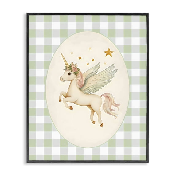 Stupell Industries Cottage Winged Unicorn over Green Gingham Black Framed Giclee Art, 24 x 30, by Arlington Prints