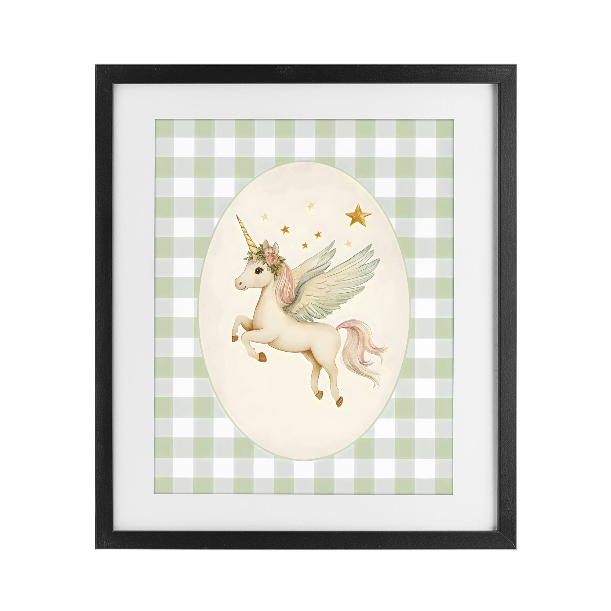 Stupell Industries Winged Unicorn over Green Gingham Black Framed Print Under Glass, design by Arlington Prints