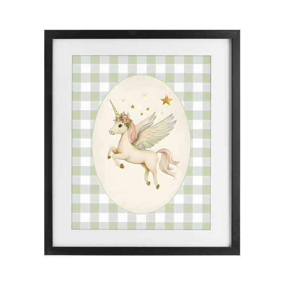 Stupell Industries Cottage Winged Unicorn over Green Gingham Black Framed Print Under Glass, 13 x 16, by Arlington Prints