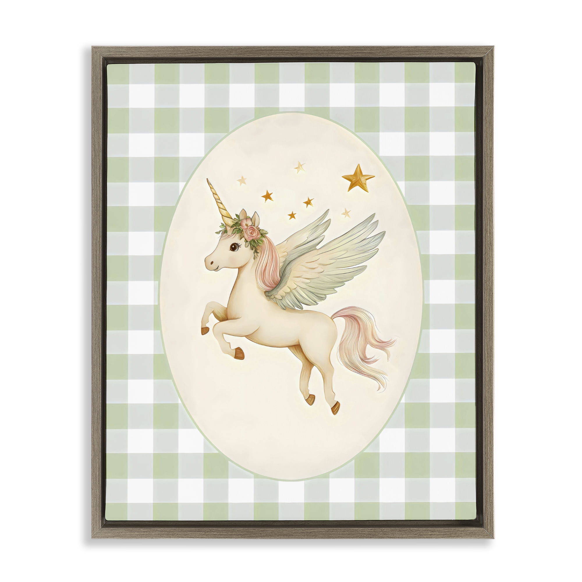 Stupell Industries Winged Unicorn over Green Gingham Brown Framed Floater Canvas Wall Art, design by Arlington Prints