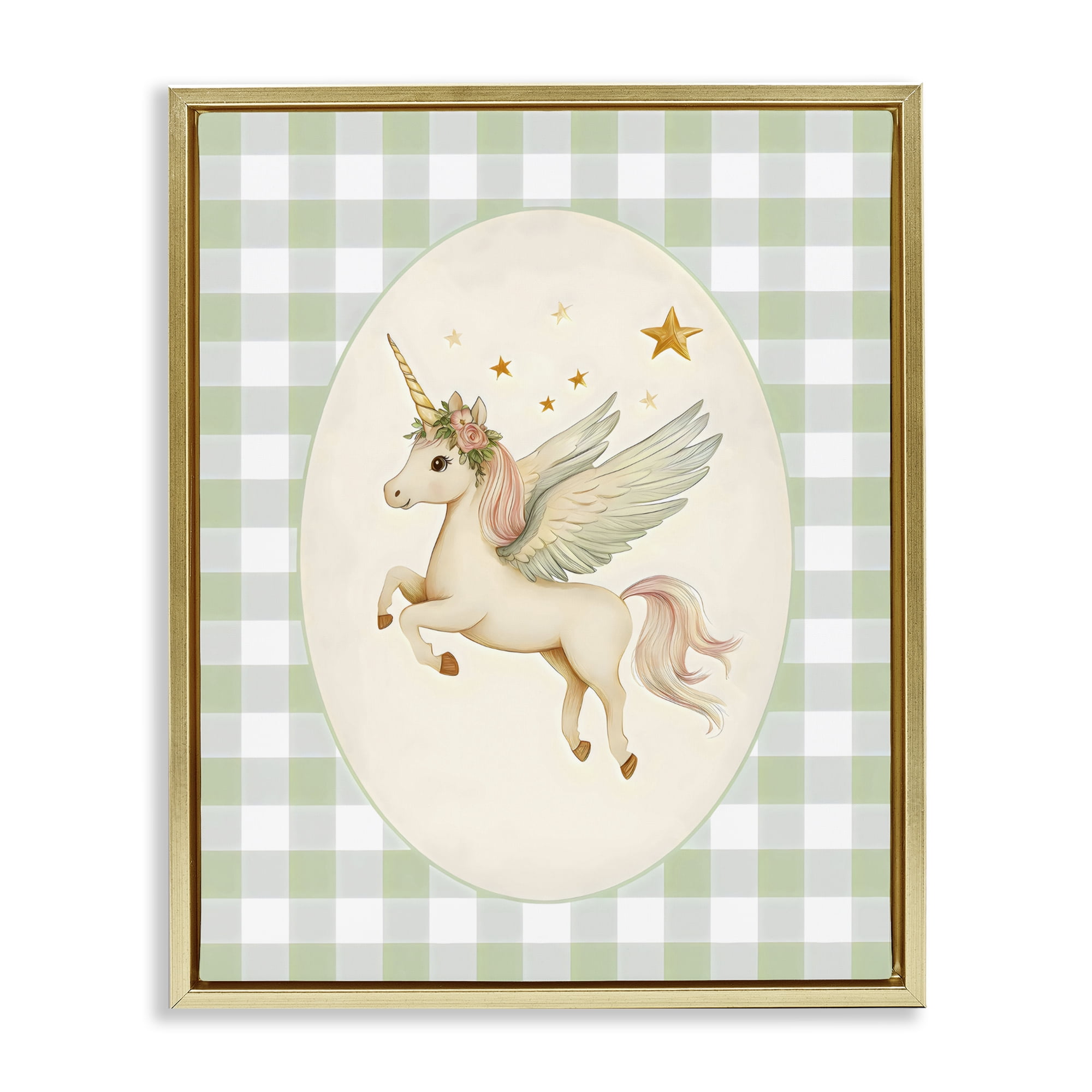 Stupell Industries Winged Unicorn over Green Gingham Gold Framed Floater Canvas Wall Art, design by Arlington Prints