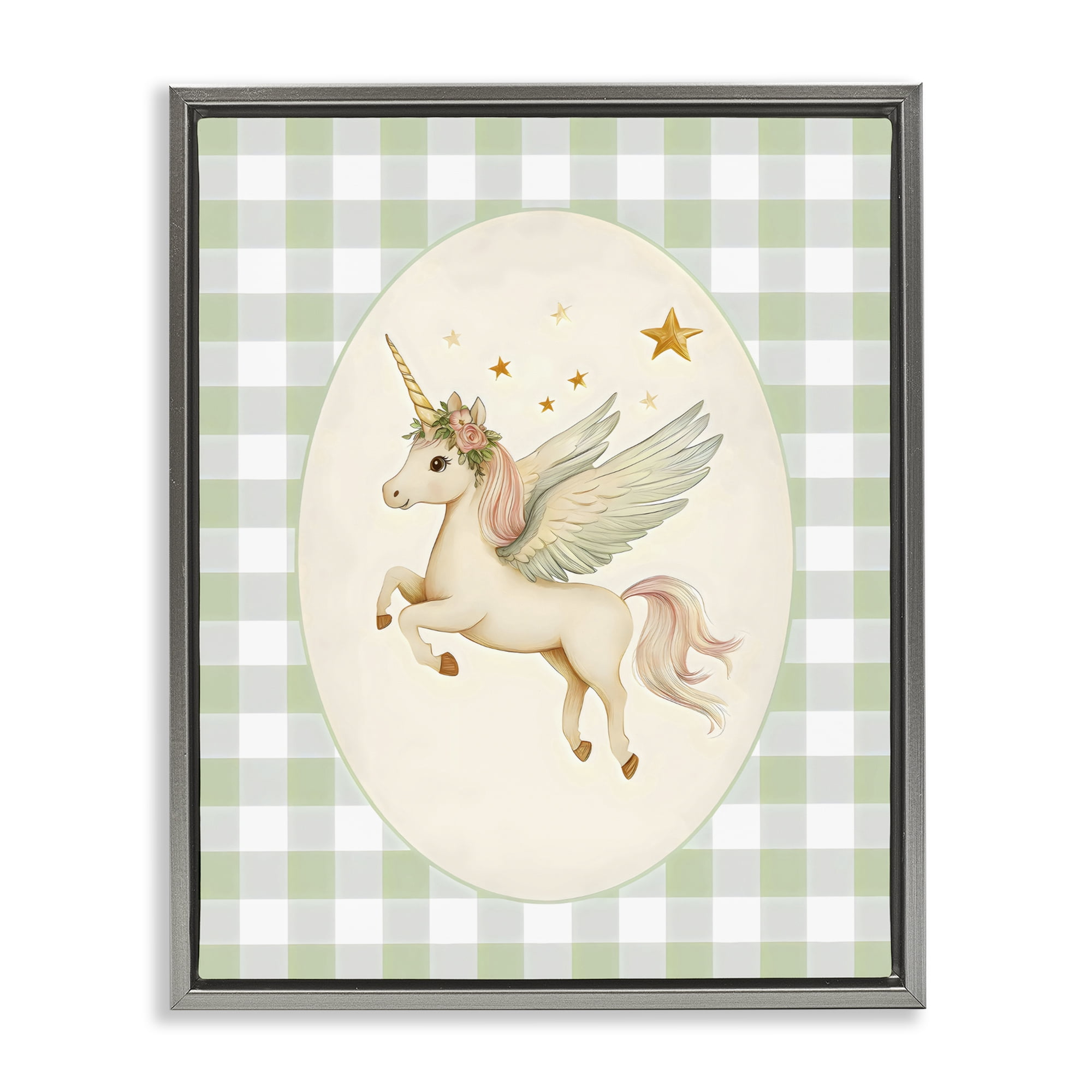Stupell Industries Winged Unicorn over Green Gingham Gray Framed Floater Canvas Wall Art, design by Arlington Prints