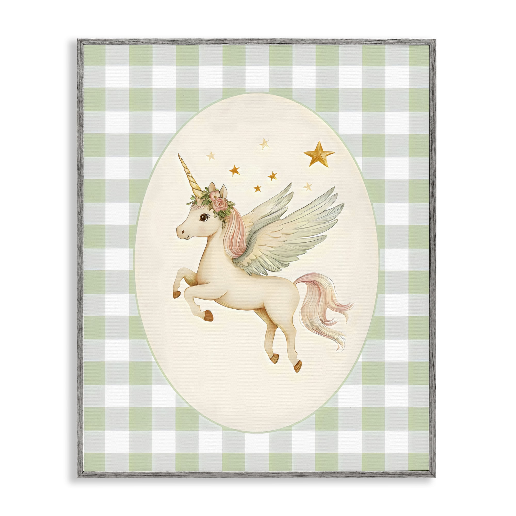 Stupell Industries Winged Unicorn over Green Gingham Gray Framed Giclee Art, design by Arlington Prints