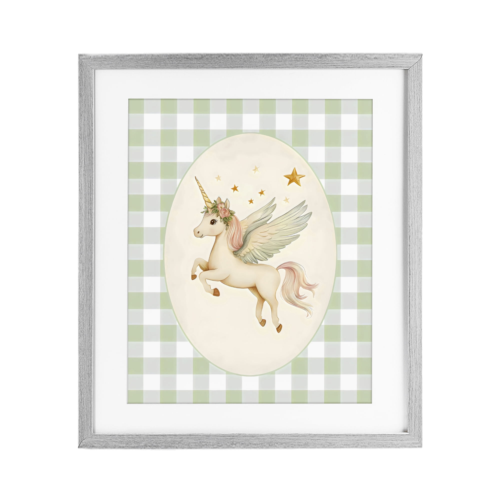 Stupell Industries Winged Unicorn over Green Gingham Gray Framed Print Under Glass, design by Arlington Prints