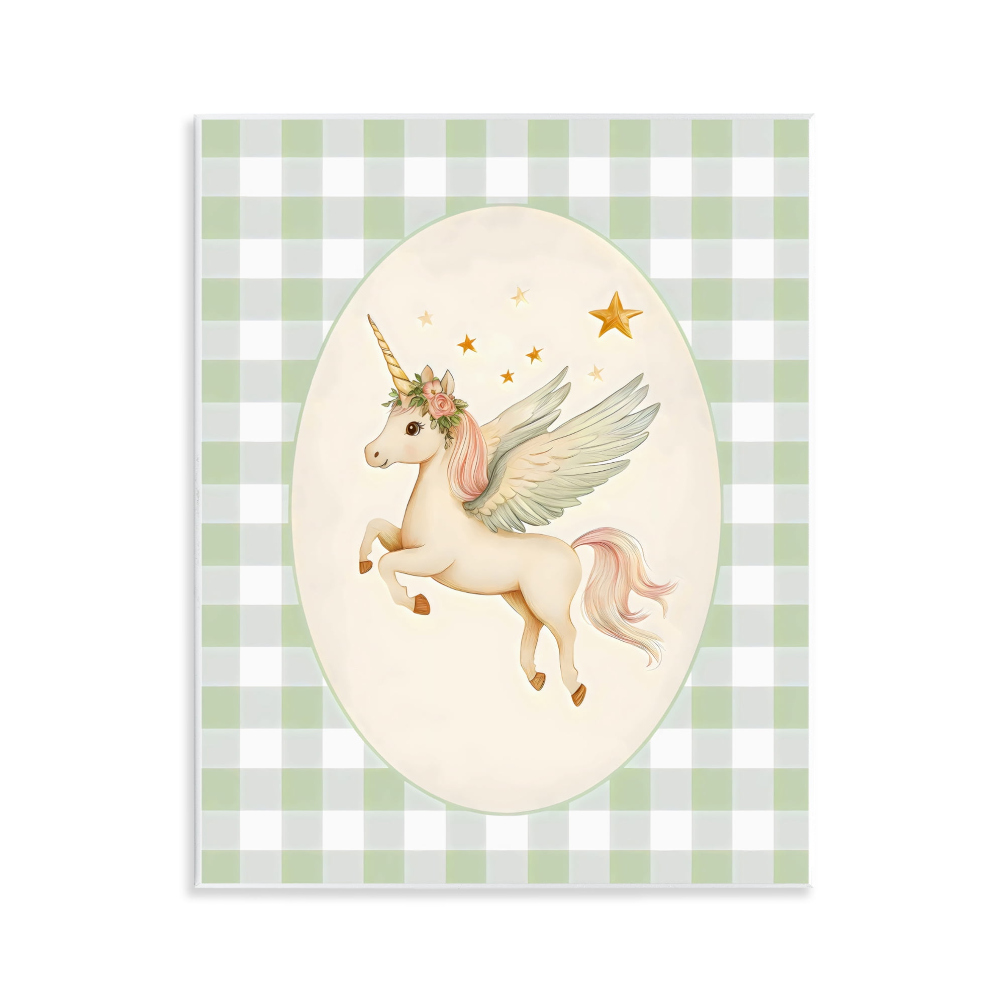 Stupell Industries Winged Unicorn over Green Gingham Wall Plaque Art, design by Arlington Prints