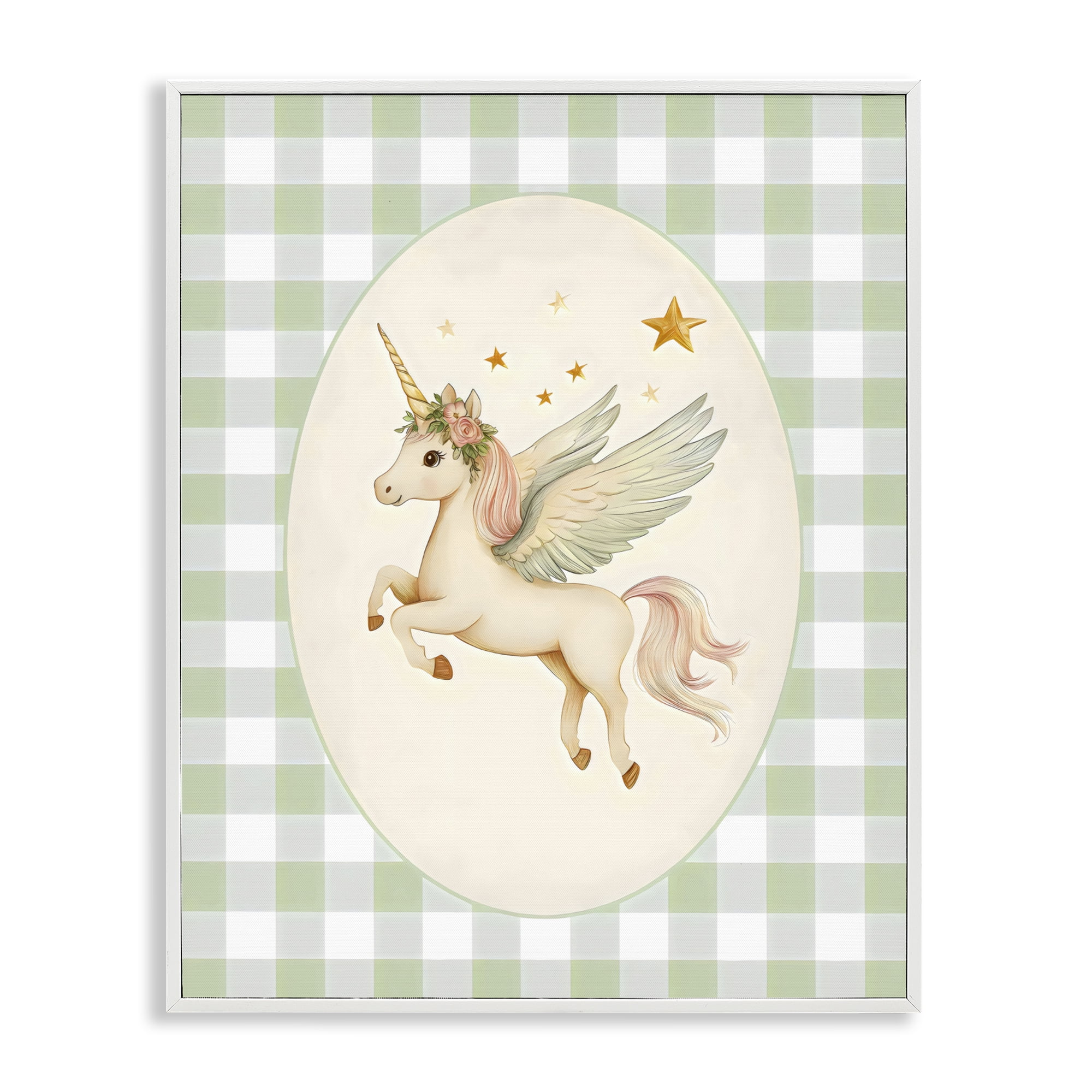 Stupell Industries Winged Unicorn over Green Gingham White Framed Giclee Art, design by Arlington Prints