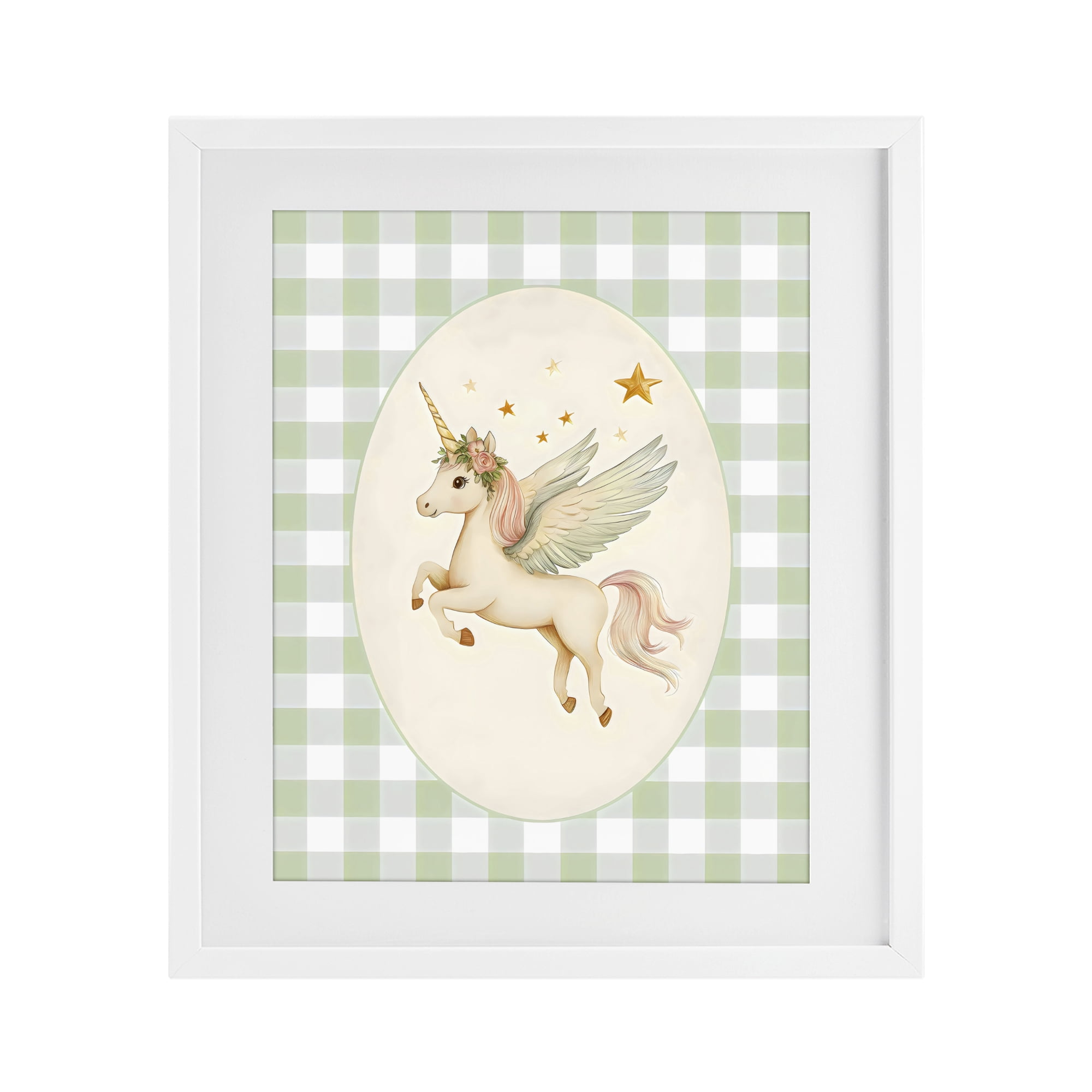 Stupell Industries Winged Unicorn over Green Gingham White Framed Print Under Glass, design by Arlington Prints