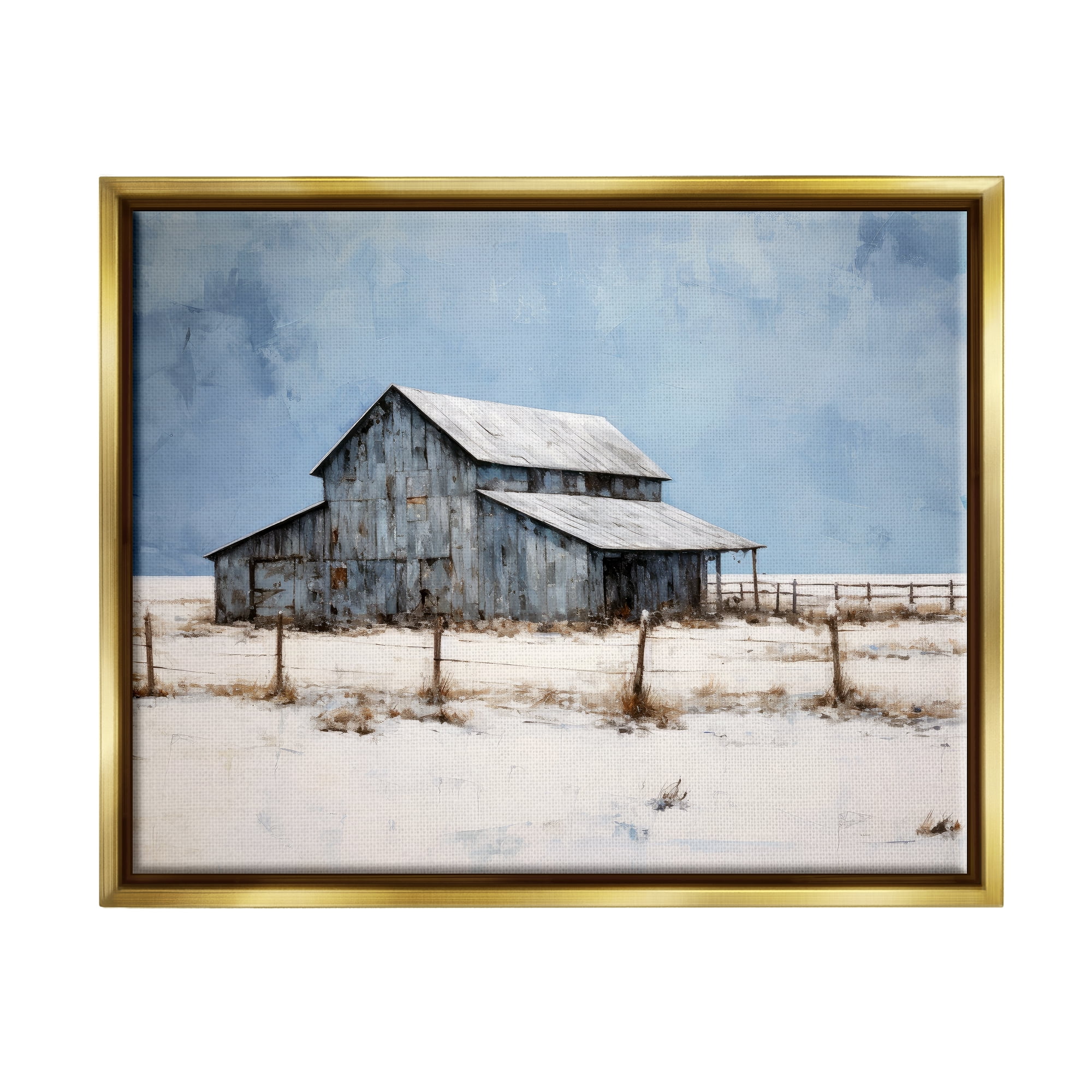 Stupell Industries Winter Barn Landscape Landscape Painting Gold Floater Framed Canvas Art Print Wall Art, 31 x 25