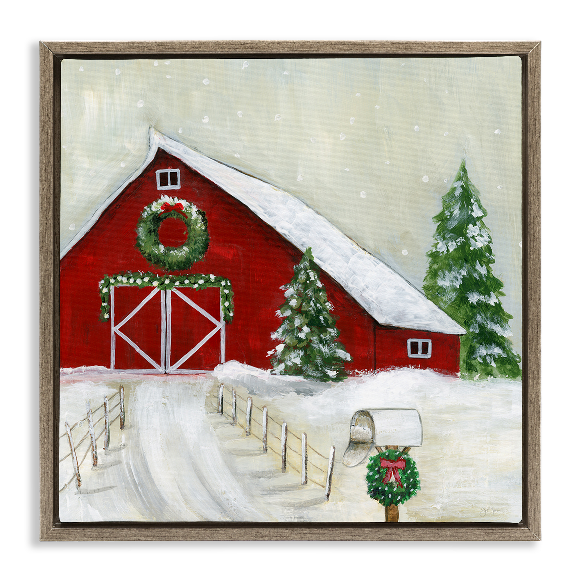Stupell Industries Winter Barn Scenery Holiday Painting Brown Floater Framed Canvas Art Prints Wall Art, 18 x 18