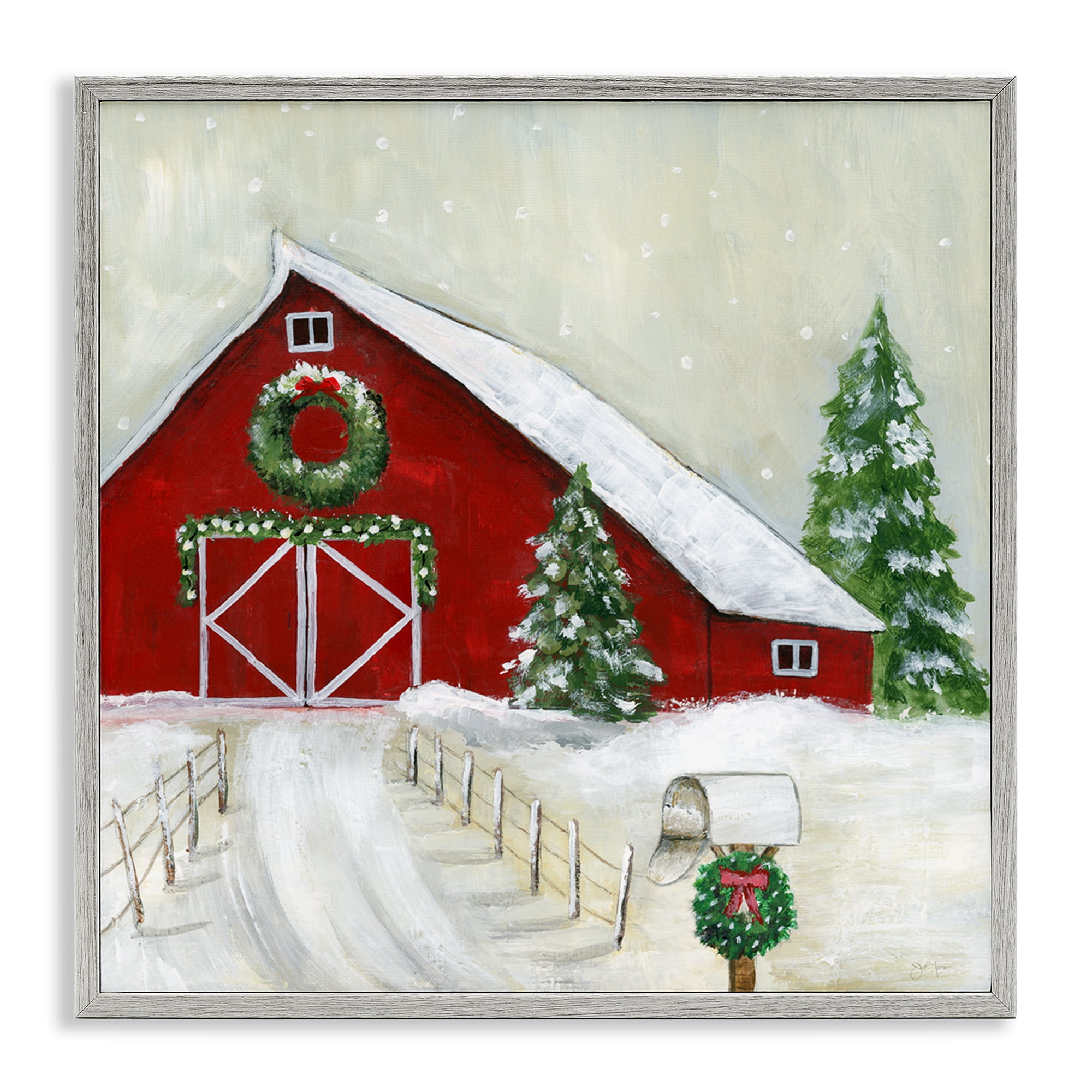 Stupell Industries Winter Barn Scenery Holiday Painting Gray Framed Art Prints Wall Art, 12 x 12