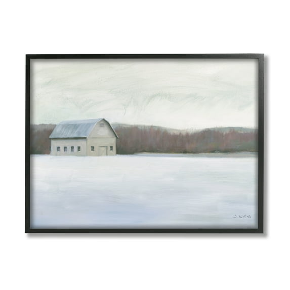 Stupell Industries Winter Barn with Snow Country Farm Landscape Landscape Painting Black Framed Art Print Wall Art, 24 x 30