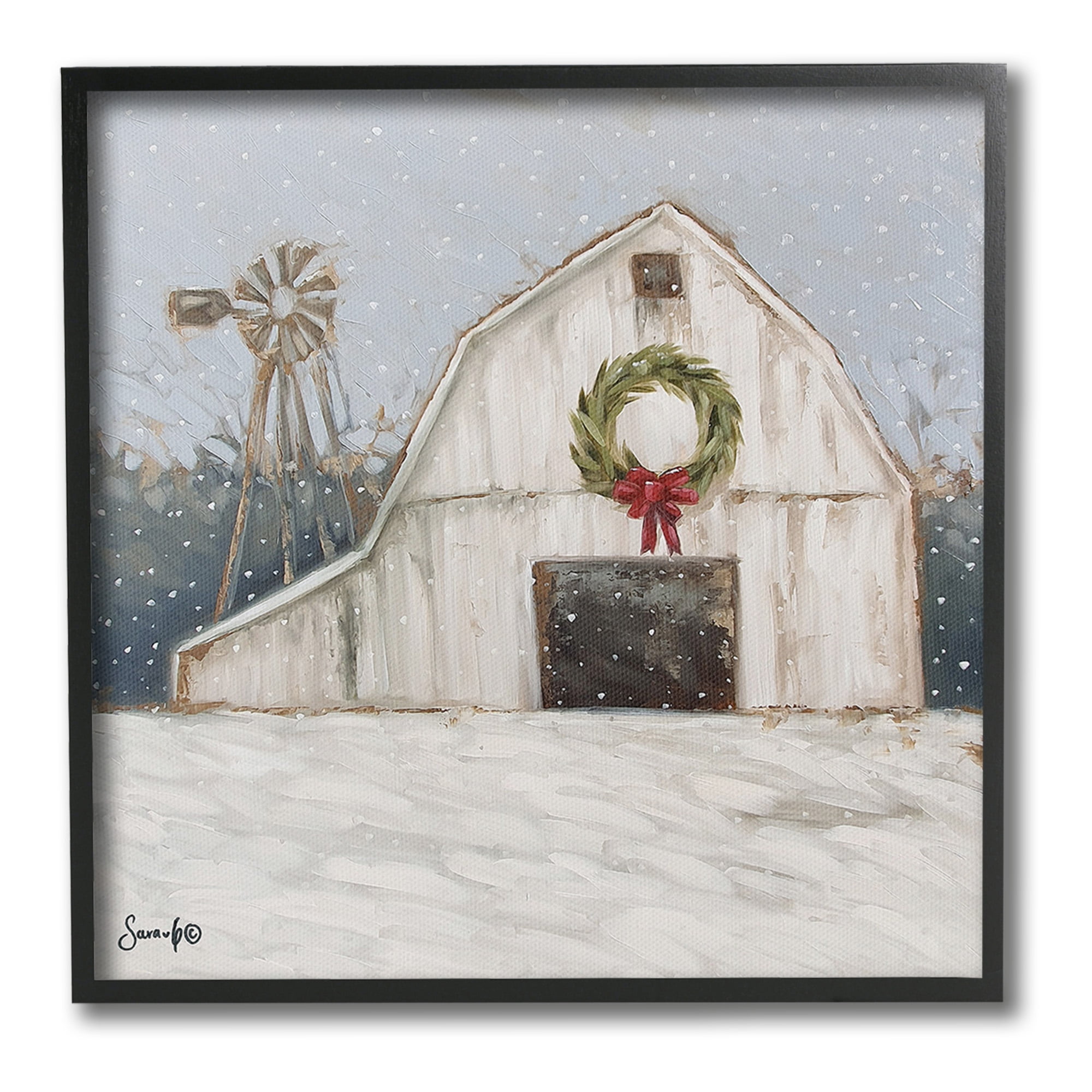 Stupell Industries Winter Barn with Snowflakes Landscape Painting Black Framed Art Print Wall Art, 12 x 12