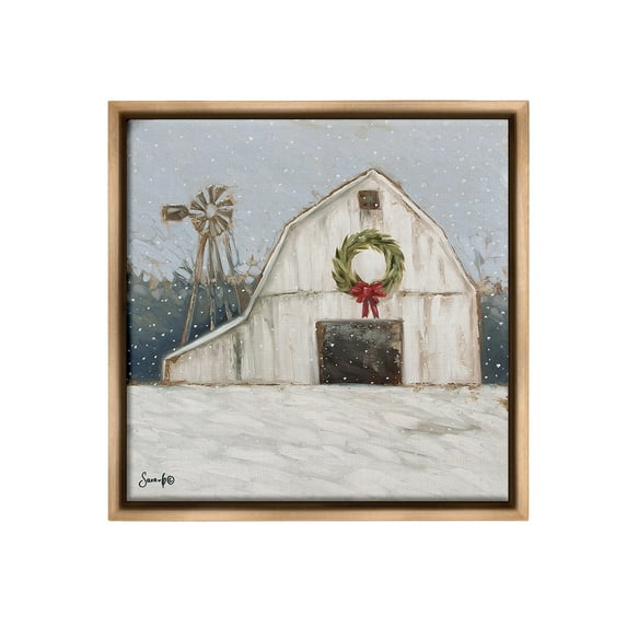 Stupell Industries Winter Barn with Snowflakes Landscape Painting Brown Floater Framed Canvas Art Print Wall Art, 25 x 25