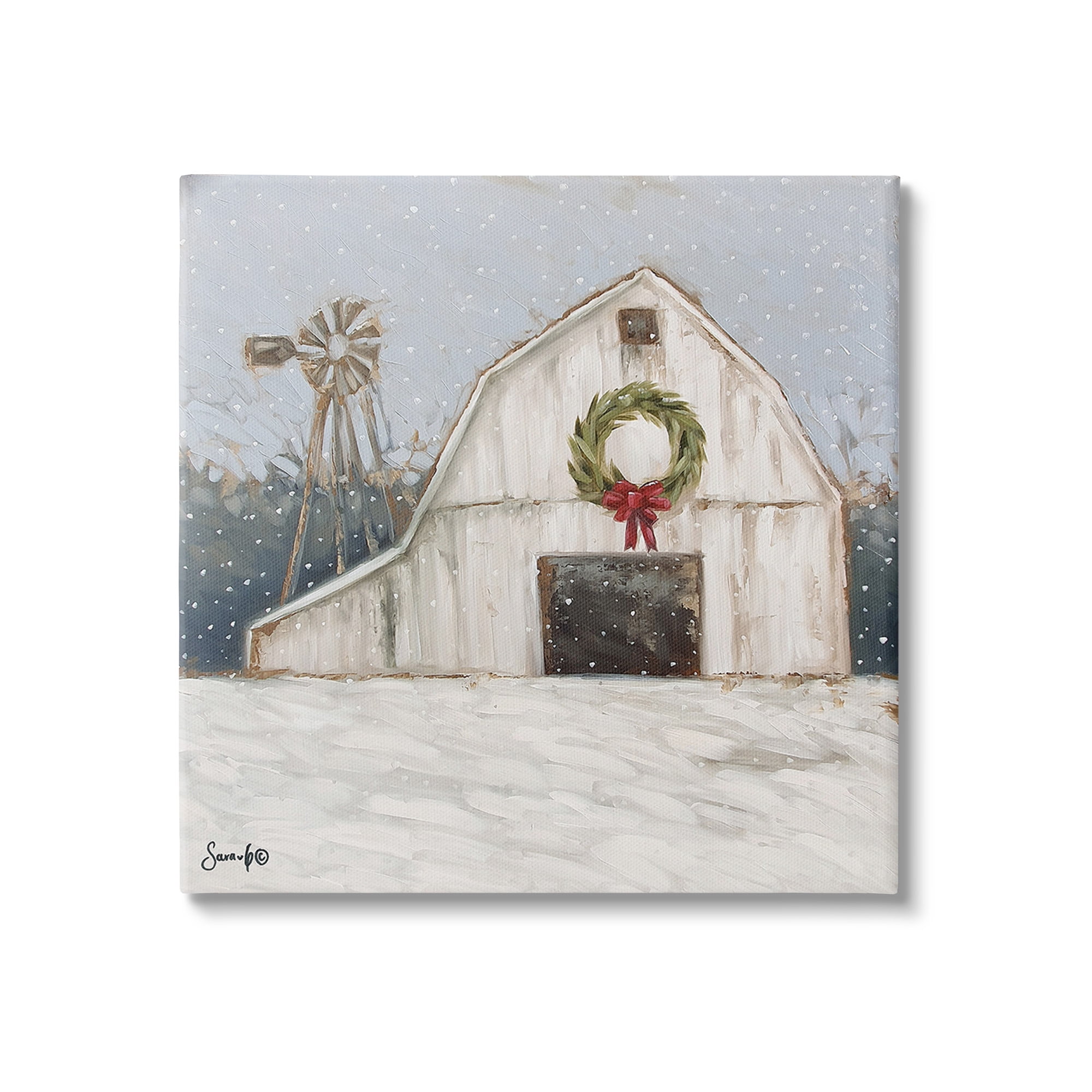 Stupell Industries Winter Barn with Snowflakes Landscape Painting Gallery Wrapped Canvas Art Print Wall Art, 24 x 24