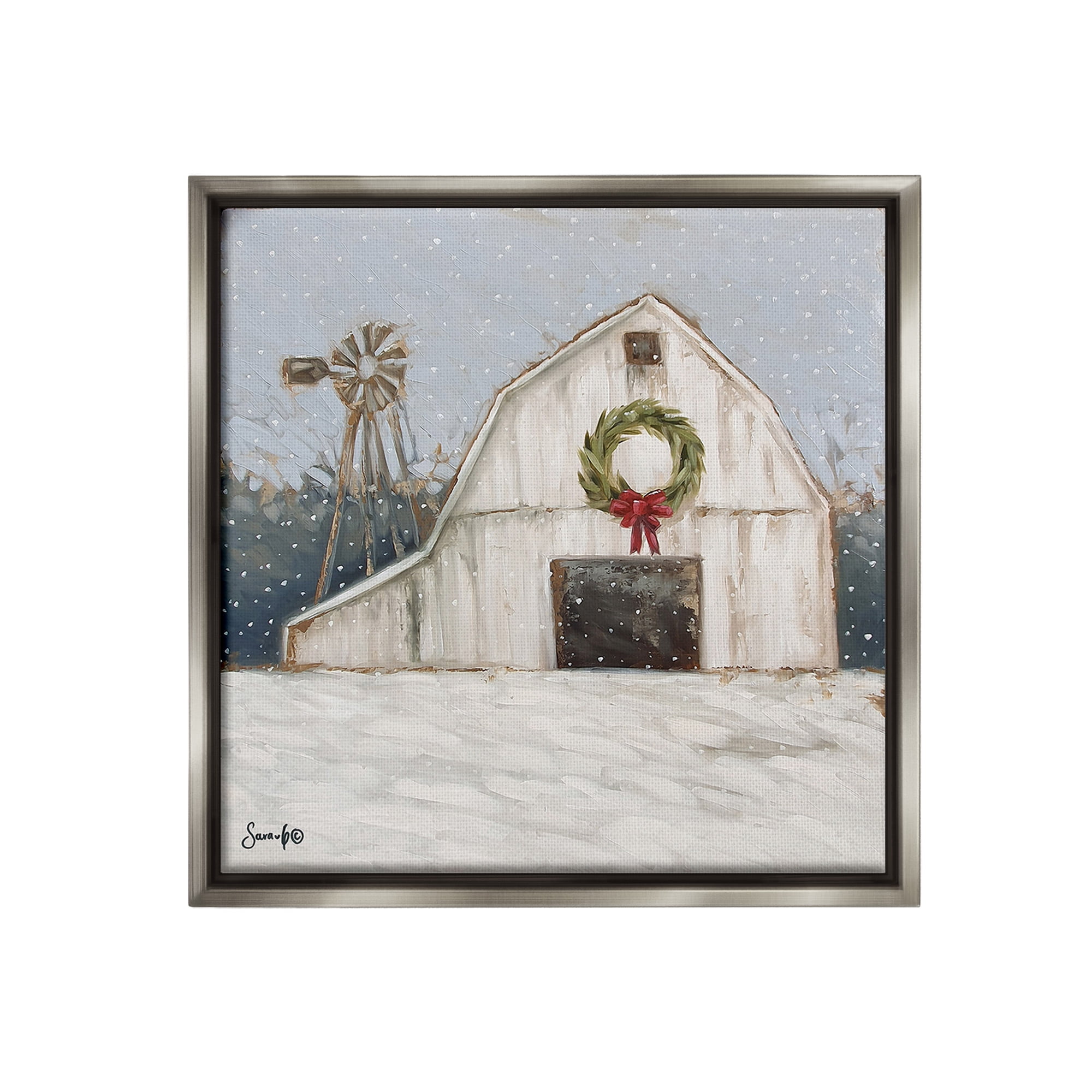 Stupell Industries Winter Barn with Snowflakes Landscape Painting Gray Floater Framed Canvas Art Print Wall Art, 25 x 25