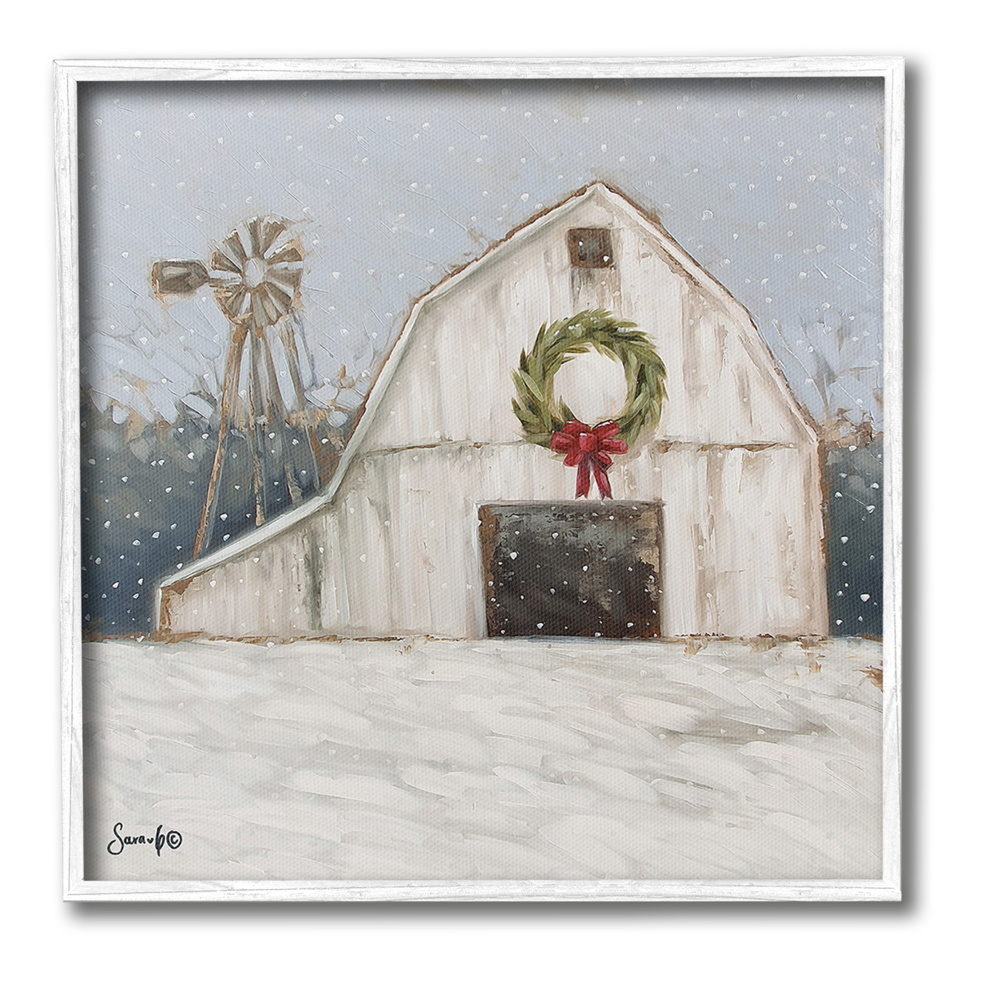 Stupell Industries Winter Barn with Snowflakes Landscape Painting White Framed Art Print Wall Art, 17 x 17