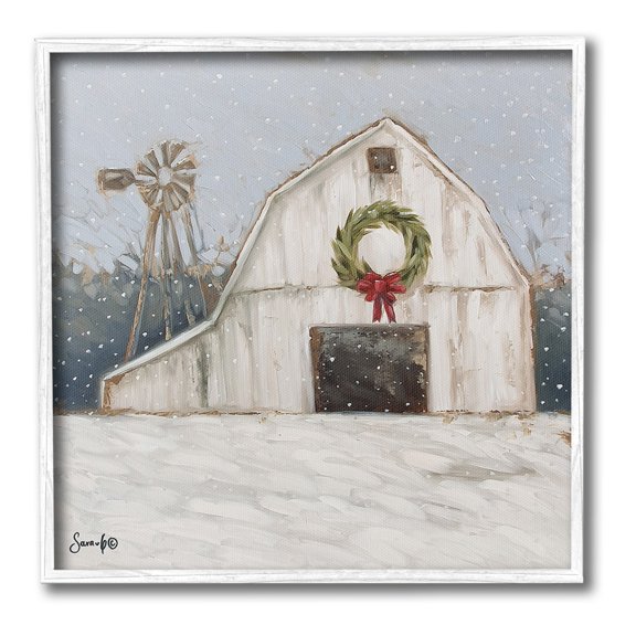 Stupell Industries Winter Barn with Snowflakes Landscape Painting White Framed Art Print Wall Art, 24 x 24