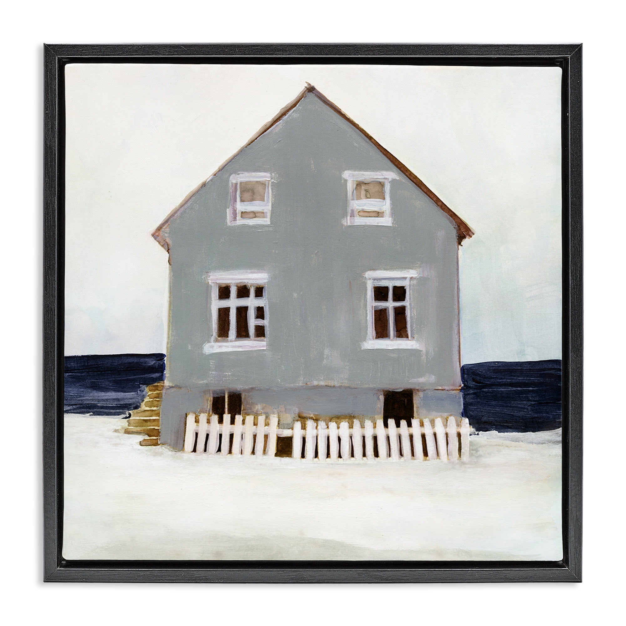 Stupell Industries Winter Beach House Landscape Nature Painting Black Floater Framed Canvas Art Print Wall Art, 18 x 18