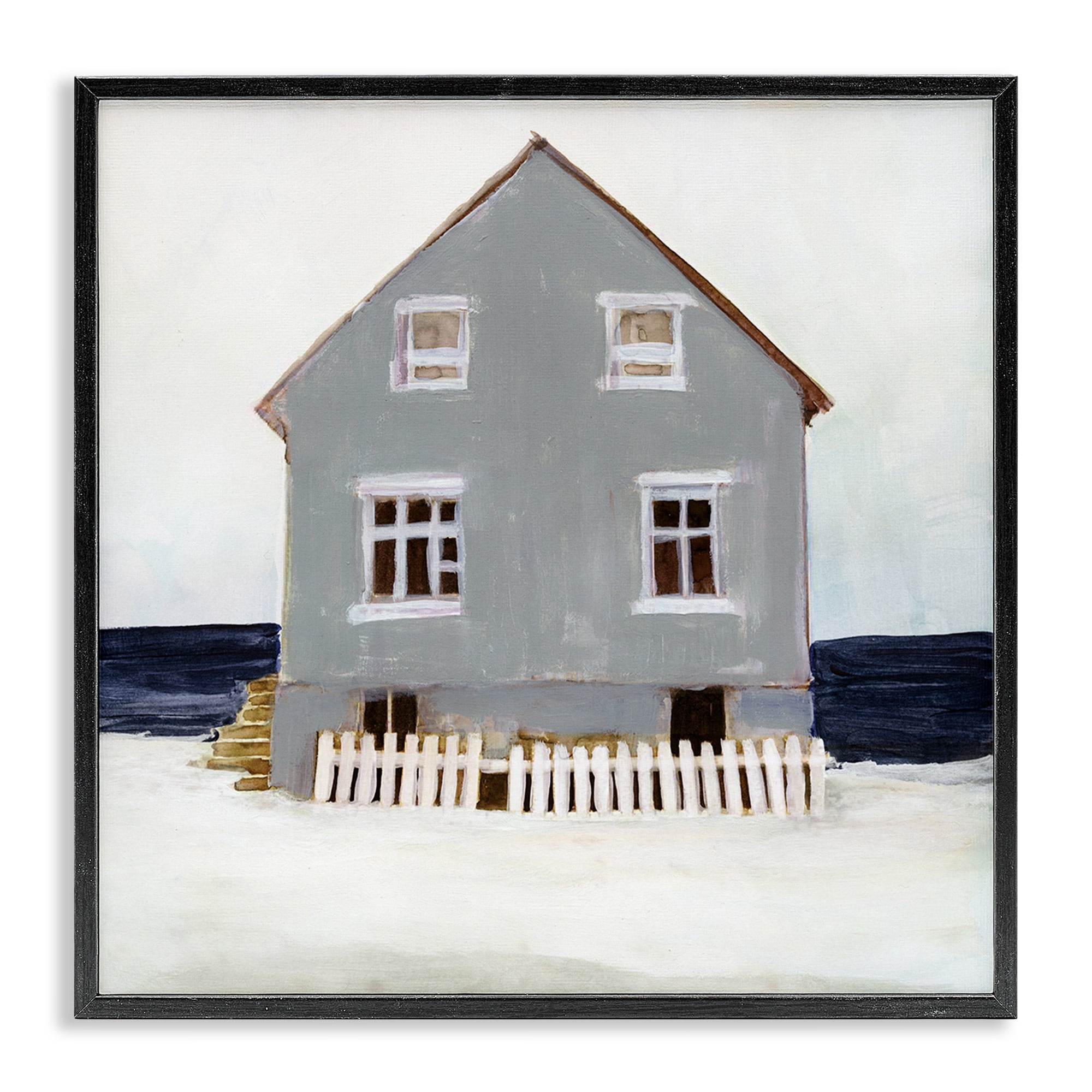 Stupell Industries Winter Beach House Landscape Nature Painting Black Framed Art Print Wall Art, 17 x 17
