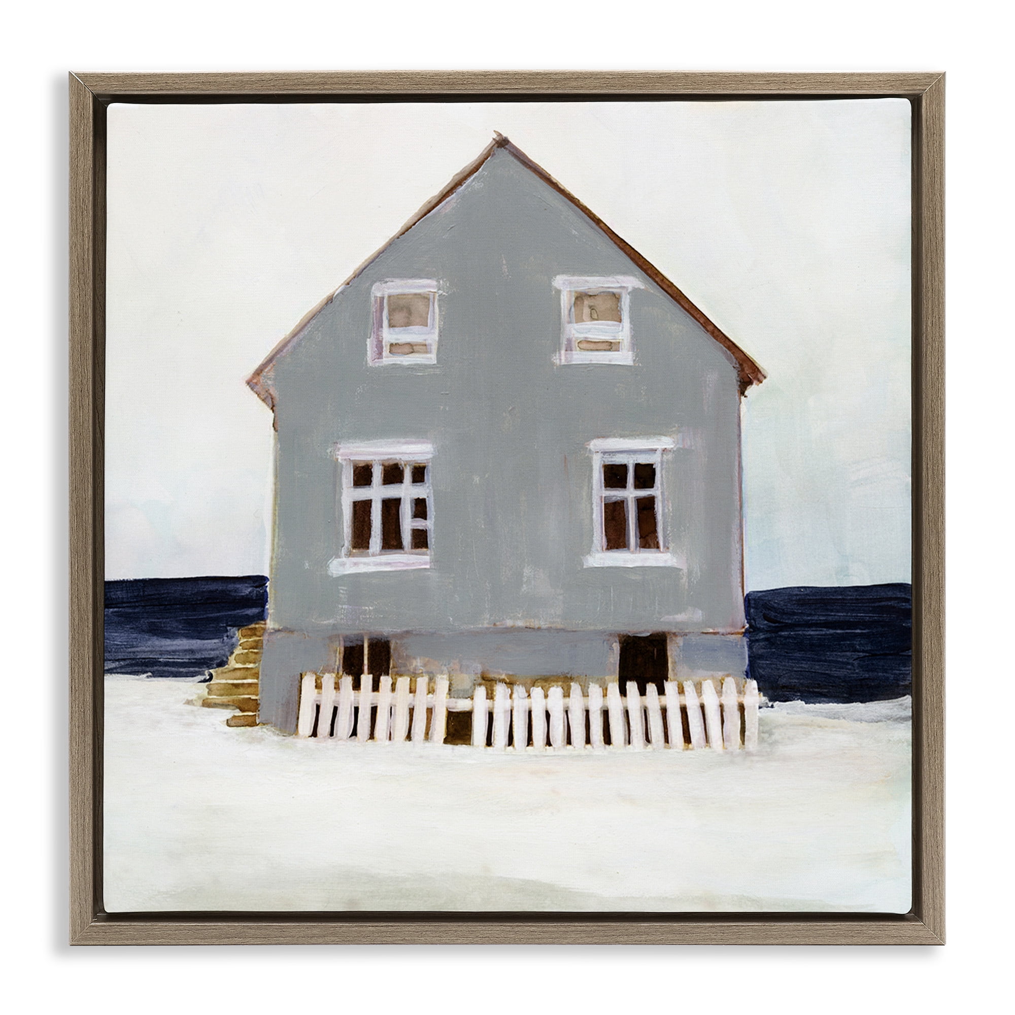 Stupell Industries Winter Beach House Landscape Nature Painting Brown Floater Framed Canvas Art Print Wall Art, 18 x 18