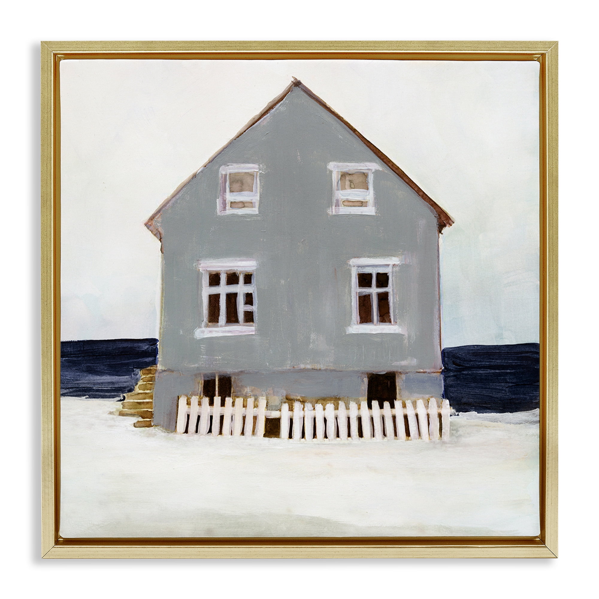 Stupell Industries Winter Beach House Landscape Nature Painting Gold Floater Framed Canvas Art Print Wall Art, 18 x 18