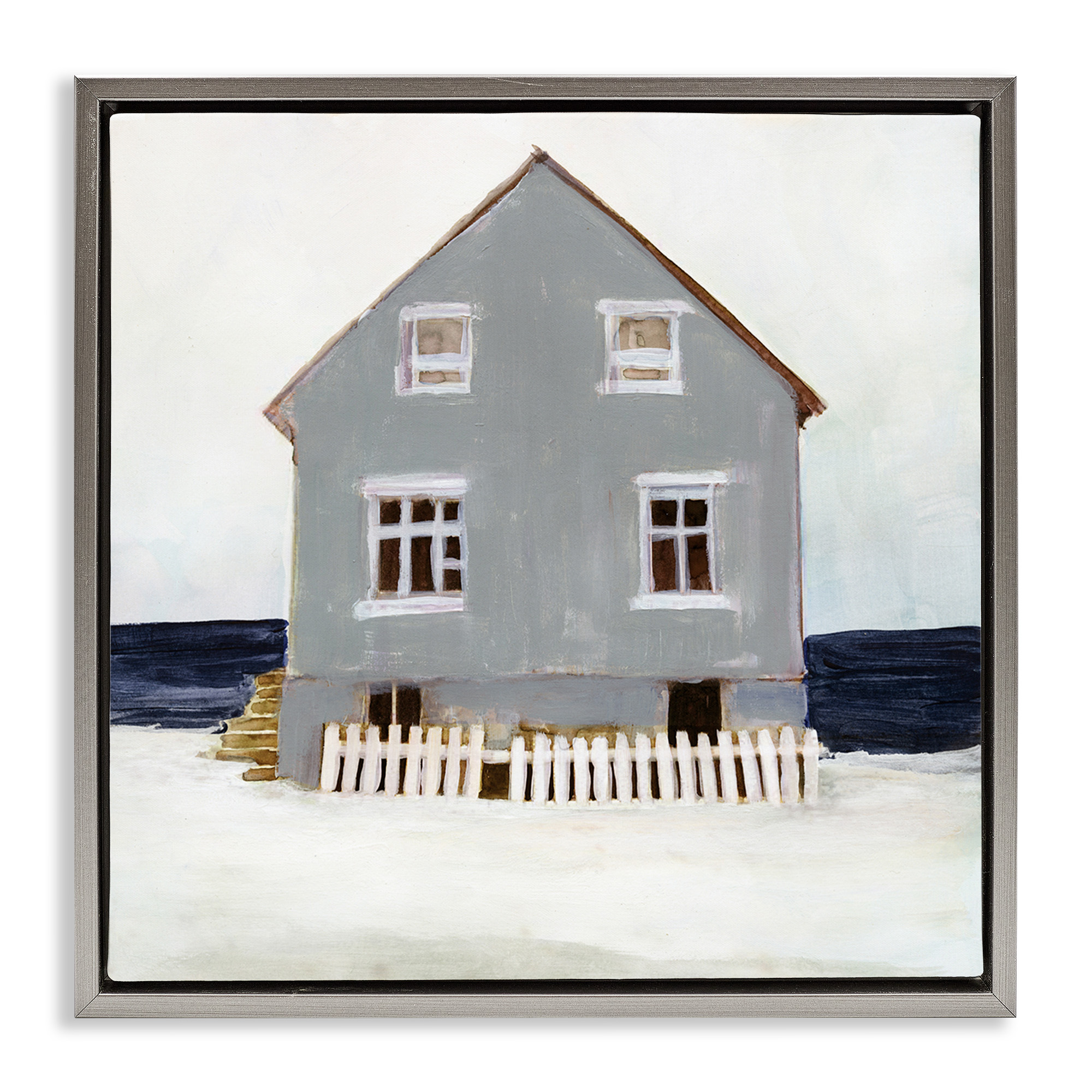 Stupell Industries Winter Beach House Landscape Nature Painting Gray Floater Framed Canvas Art Print Wall Art, 18 x 18