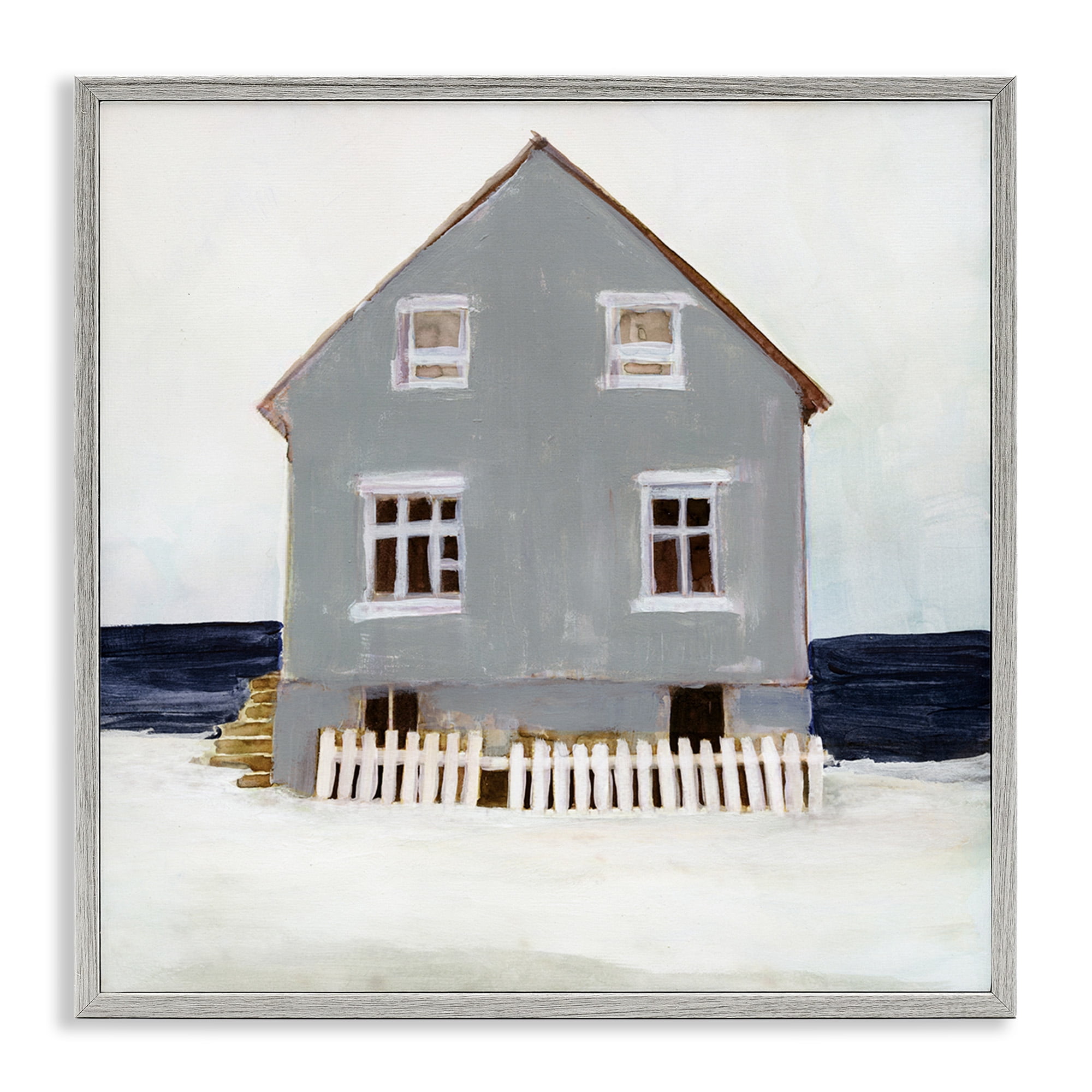 Stupell Industries Winter Beach House Landscape Nature Painting Gray Framed Art Print Wall Art, 24 x 24