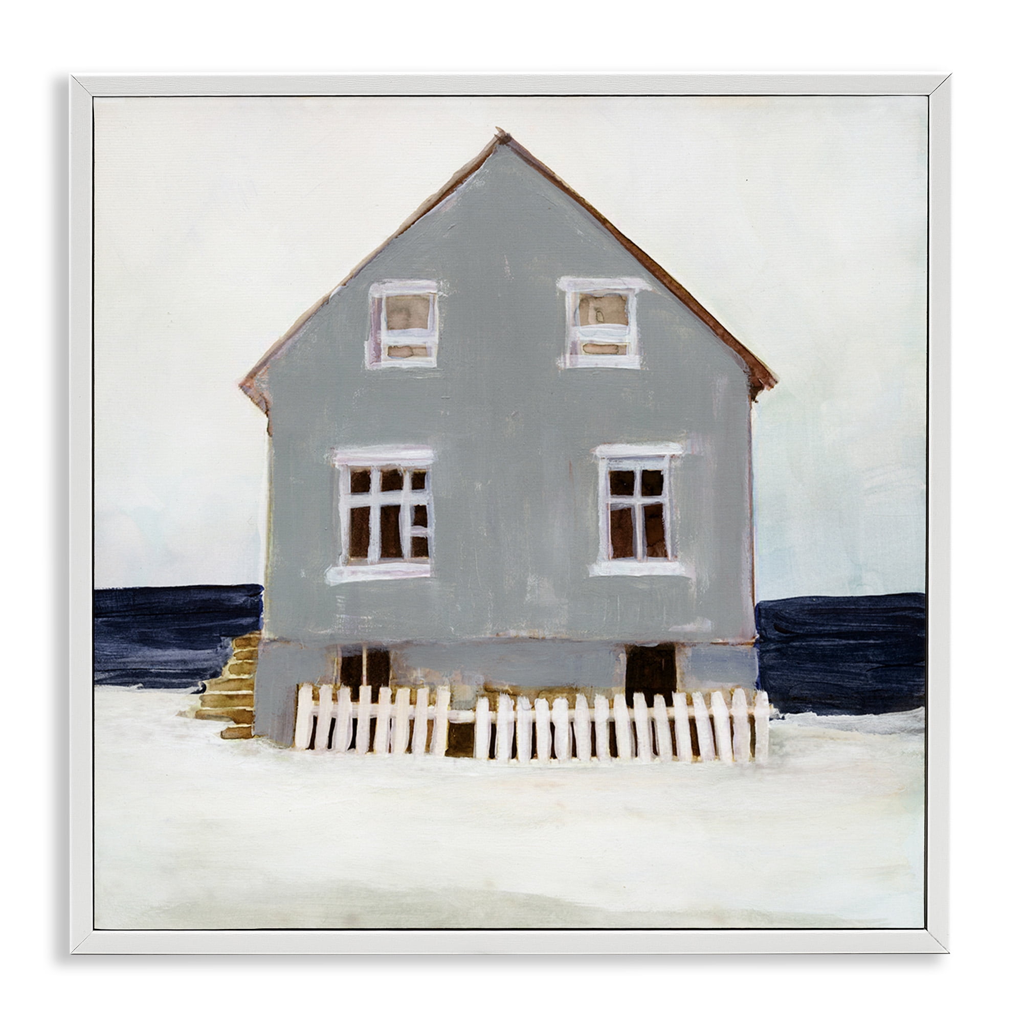 Stupell Industries Winter Beach House Landscape Nature Painting White Framed Art Print Wall Art, 12 x 12