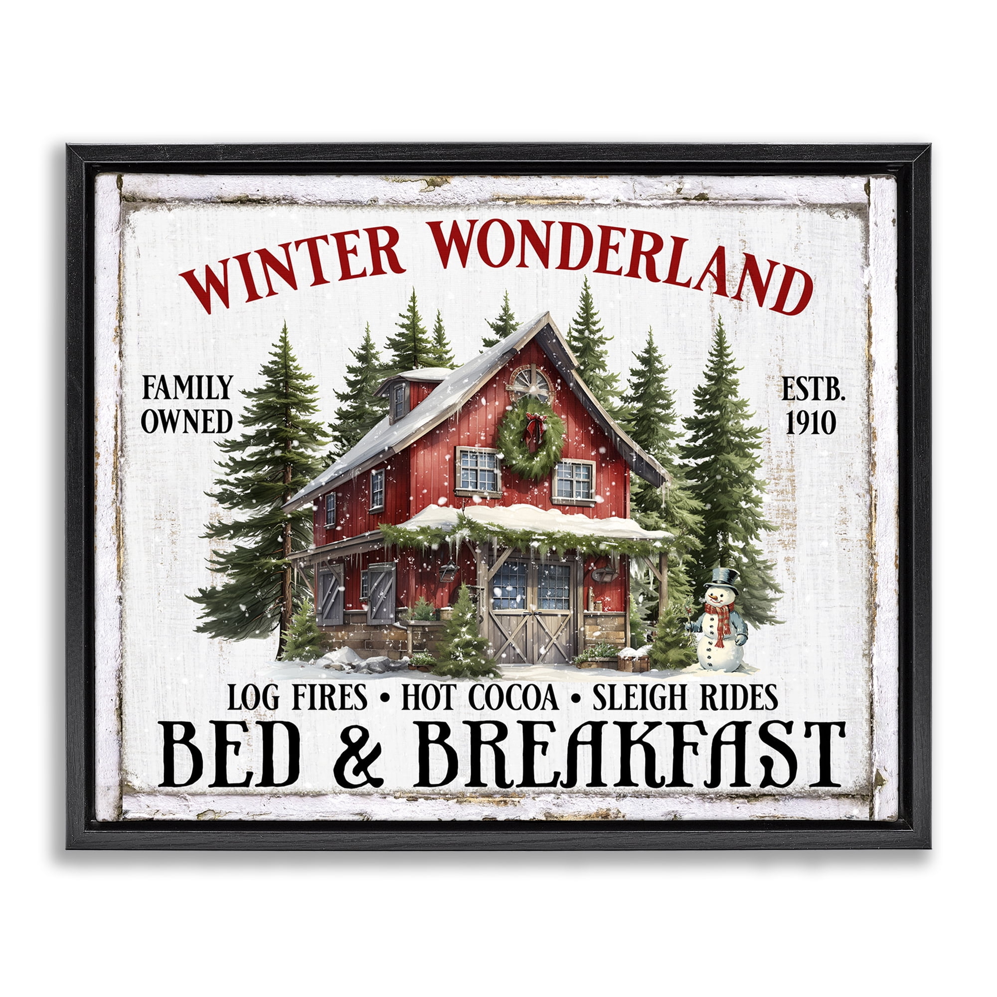 Stupell Industries Winter Bed & Breakfast Holiday Painting Black Floater Framed Canvas Art Prints Wall Art, 21 x 17