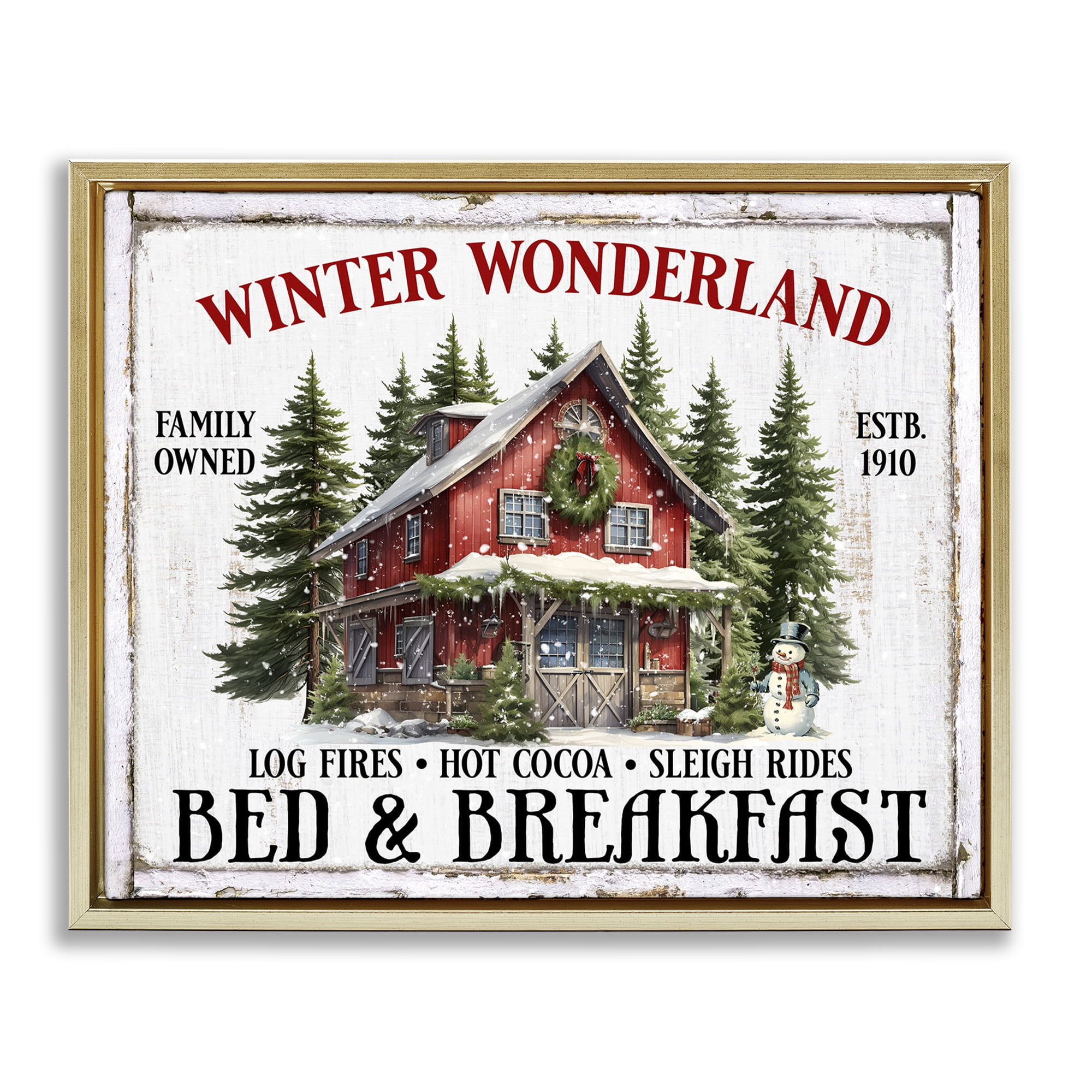 Stupell Industries Winter Bed & Breakfast Holiday Painting Gold Floater Framed Canvas Art Prints Wall Art, 21 x 17