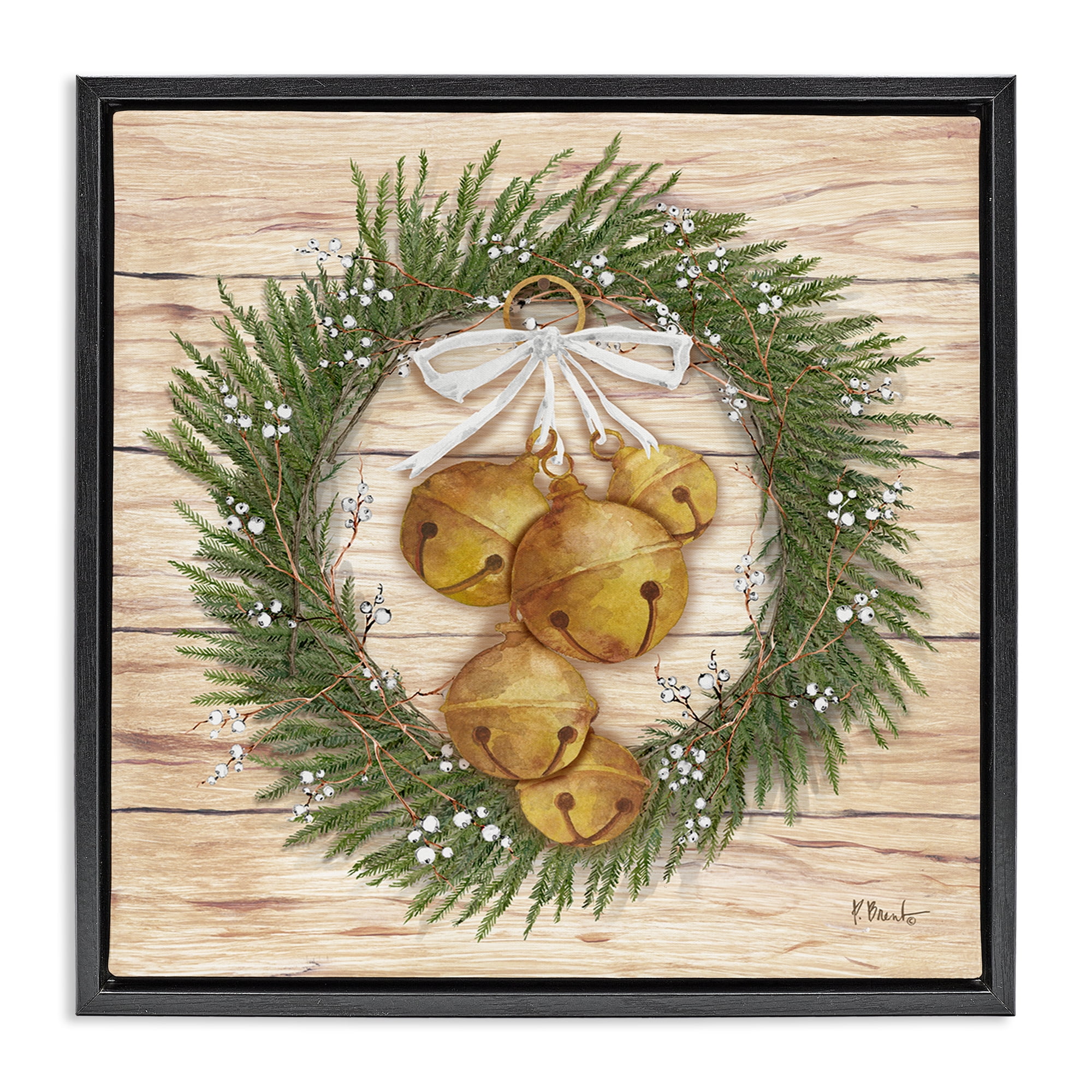 Stupell Industries Winter Bells Wreath Holiday Painting Black Floater Framed Canvas Art Print Wall Art, 25 x 25