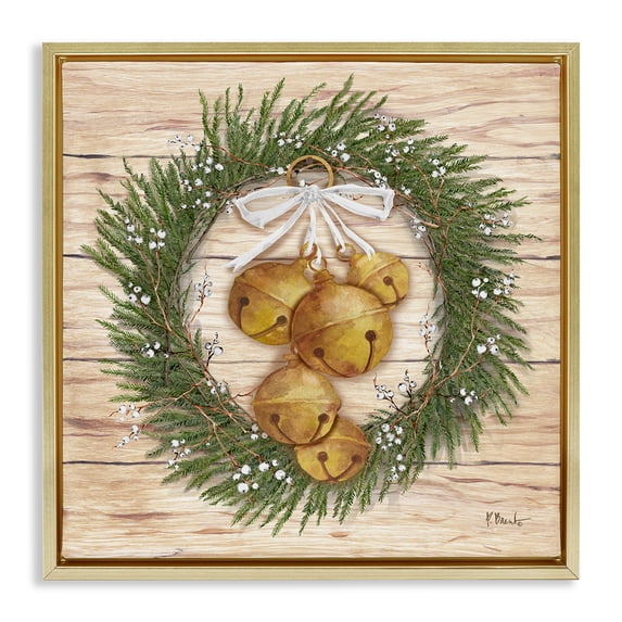 Stupell Industries Traditional Winter Bells Wreath Gold Floating Frame Canvas Art, 25 x 25, by Paul Brent