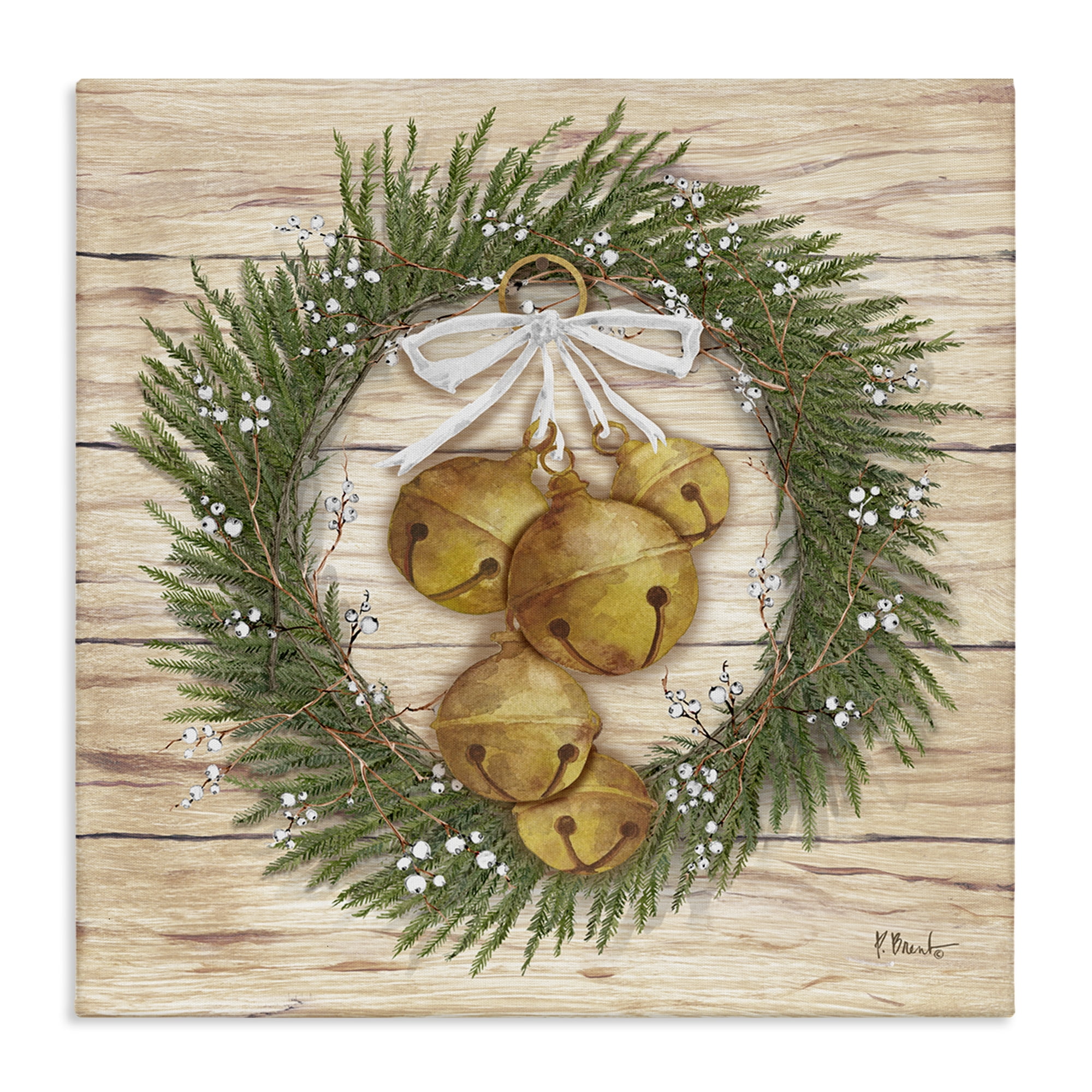 Stupell Industries Winter Bells Wreath Holiday Painting Wrapped Canvas Art Print Wall Art, 17 x 17