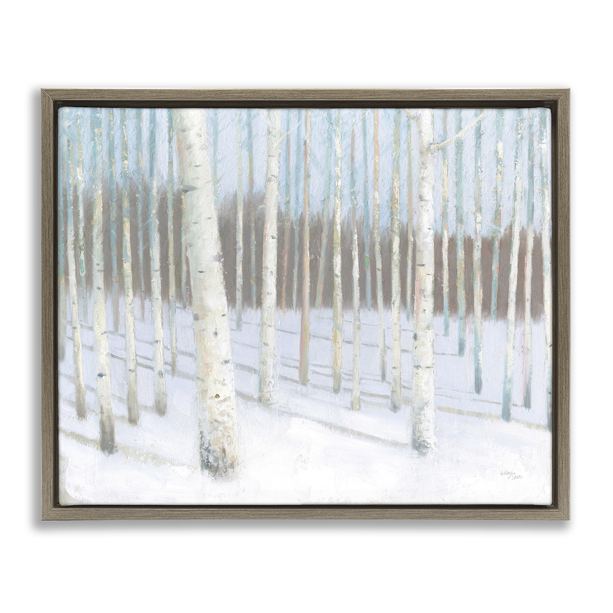Stupell Industries Winter Birch Forest Landscape & Nature Painting Brown Floater Framed Canvas Art Print Wall Art, 31 x 25
