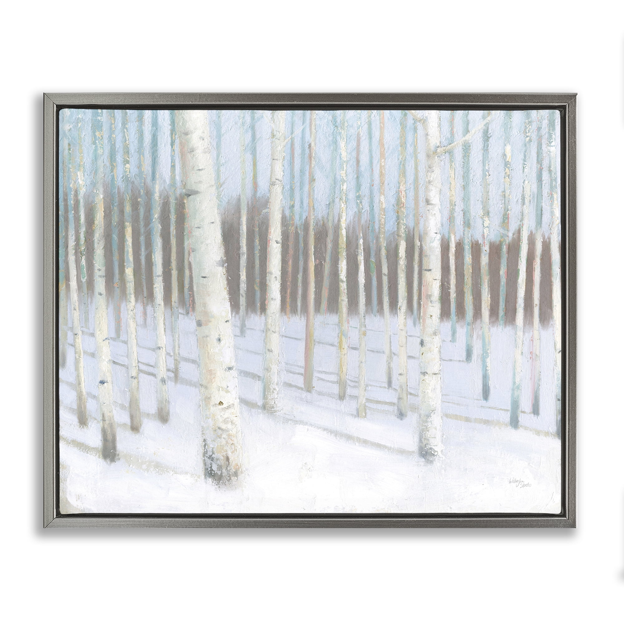 Stupell Industries Winter Birch Forest Landscape & Nature Painting Gray Floater Framed Canvas Art Print Wall Art, 31 x 25