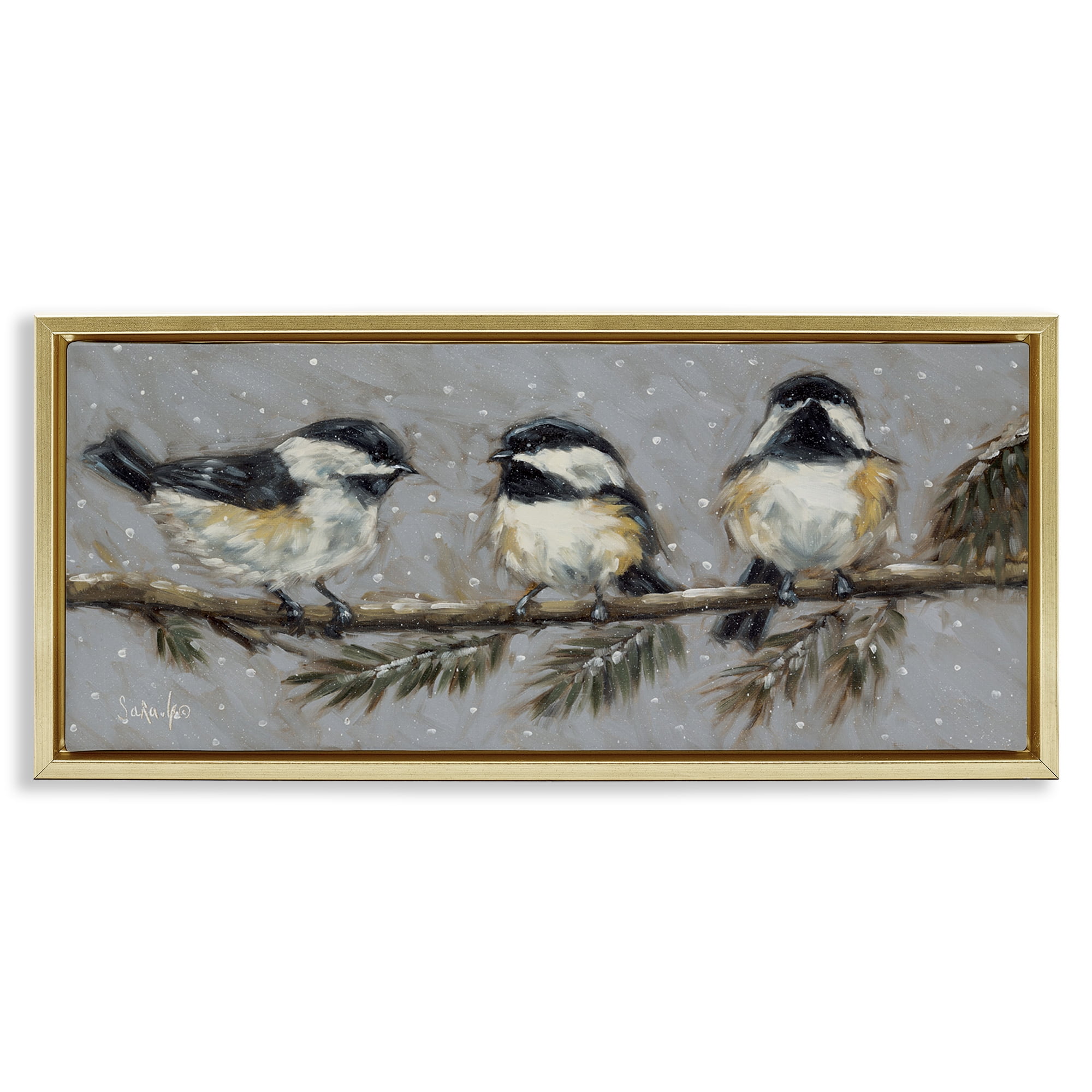 Stupell Industries Winter Bird Trio Animals & Insects Painting Gold Floater Framed Canvas Art Print Wall Art, 31 x 14