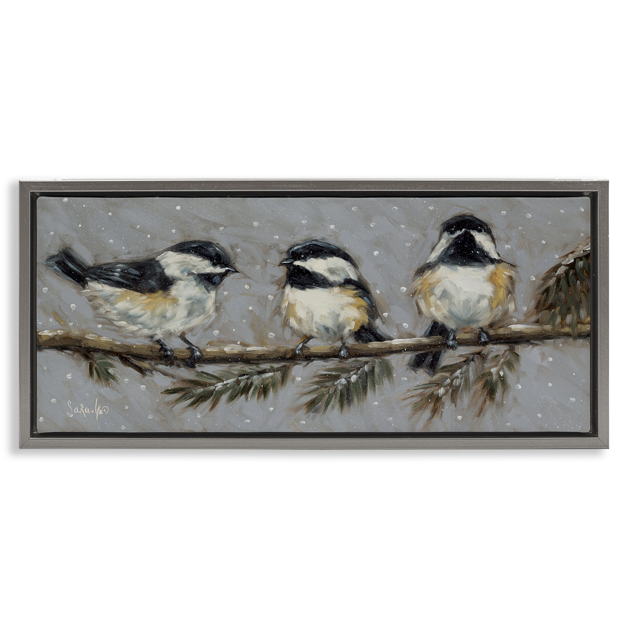 Stupell Industries Winter Bird Trio Animals & Insects Painting Gray Floater Framed Canvas Art Print Wall Art, 31 x 14