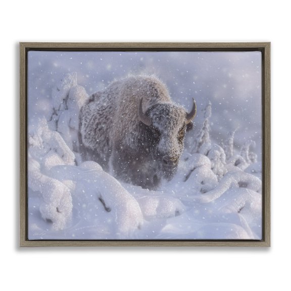 Stupell Industries Winter Bison In Deep Brown Framed Floater Canvas Wall Art design by Collin Bogle, 17 x 21