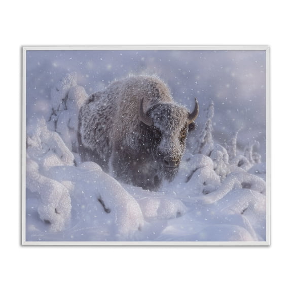 Stupell Industries Winter Bison In Deep White Framed Giclee Art design by Collin Bogle, 24 x 30