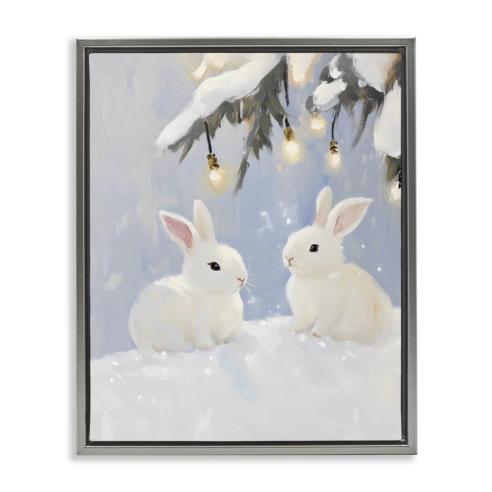 Stupell Industries Winter Bunnies Under Twinkling Lights Gray Framed Floater Canvas Wall Art, design by The Prints Vibe