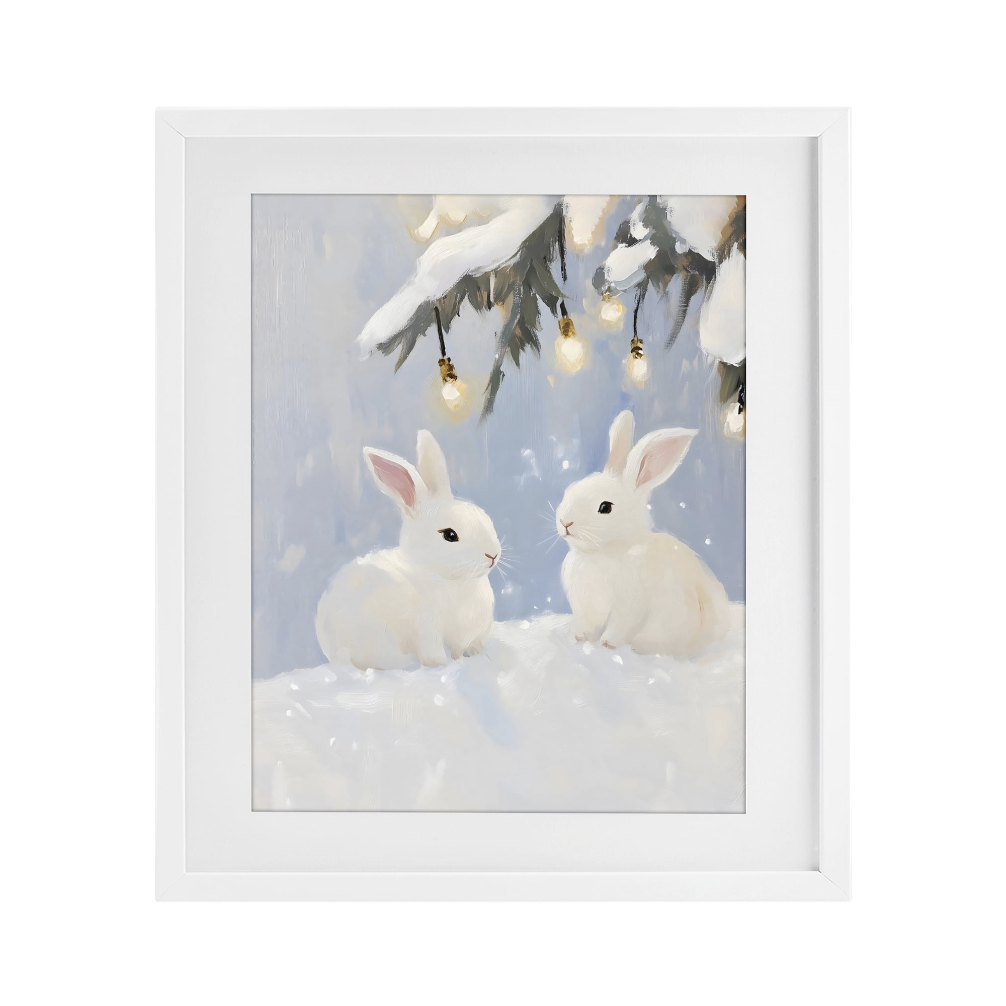 Stupell Industries Winter Bunnies Under Twinkling Lights White Framed Print Under Glass, design by The Prints Vibe