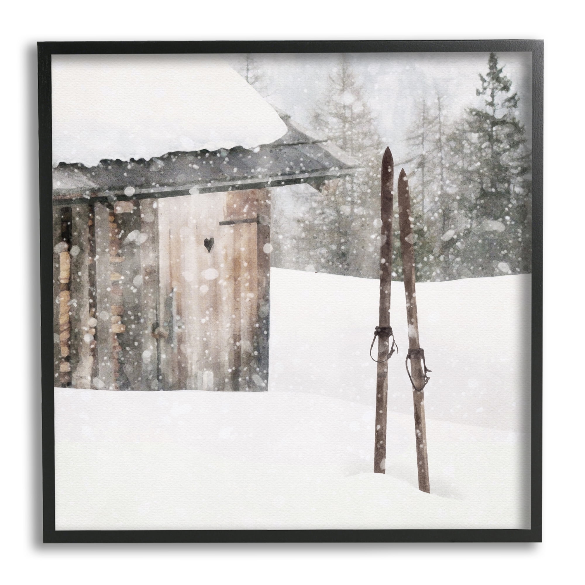 Stupell Industries Winter Cabin Skis Nature Painting Black Framed Art Print Wall Art, 17 x 17