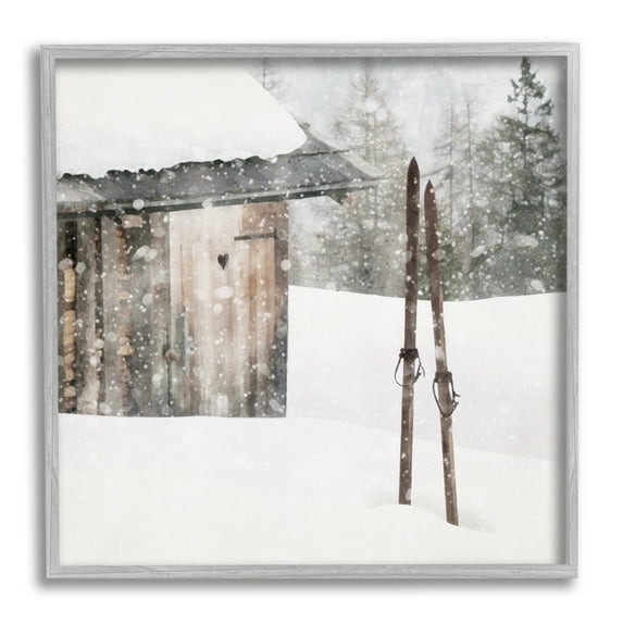 Stupell Industries Winter Cabin Skis Nature Painting Gray Framed Art Print Wall Art, 12 x 12