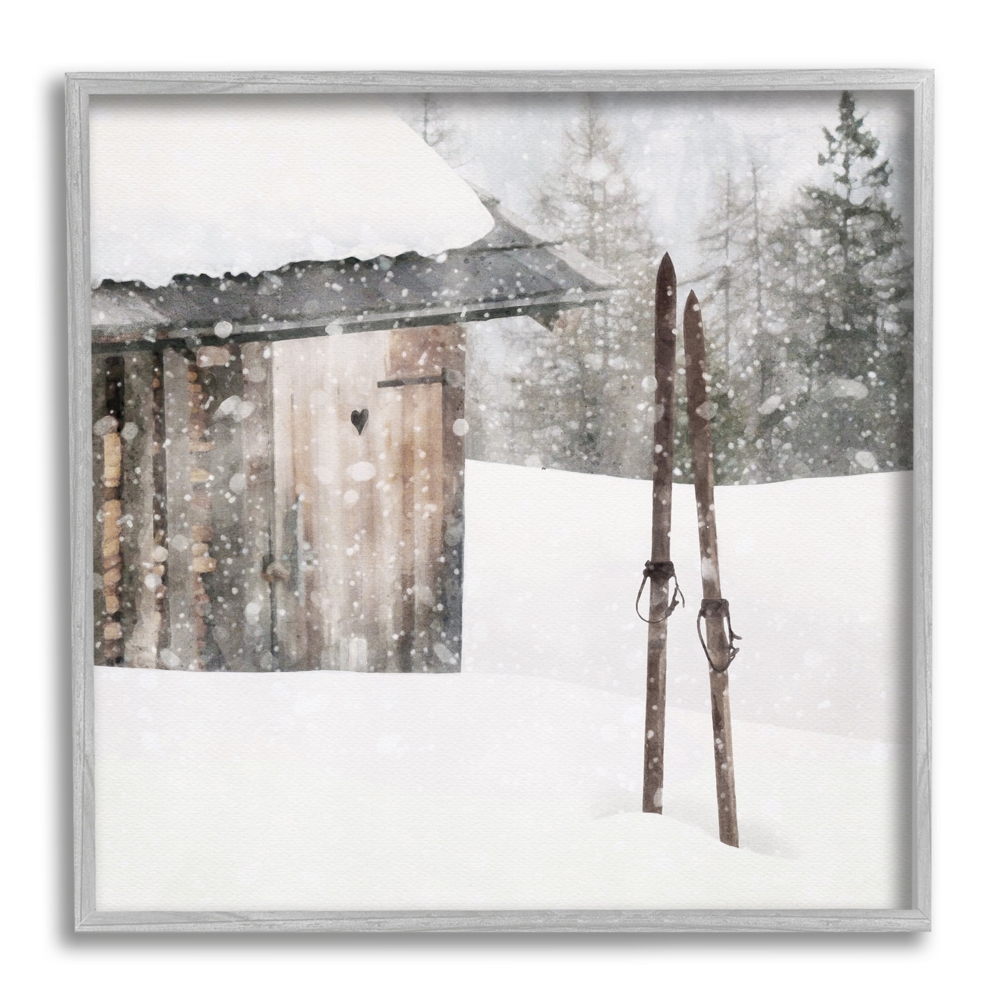 Stupell Industries Winter Cabin Skis Nature Painting Gray Framed Art Print Wall Art, 24 x 24