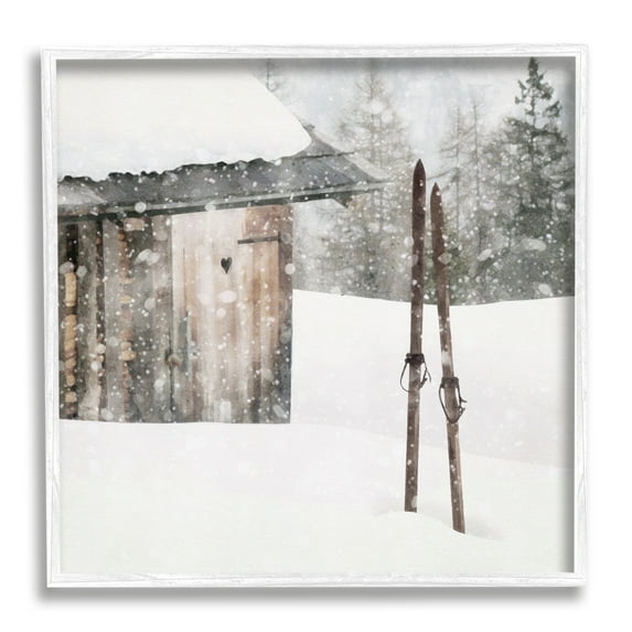 Stupell Industries Winter Cabin Skis Nature Painting White Framed Art Print Wall Art, 24 x 24